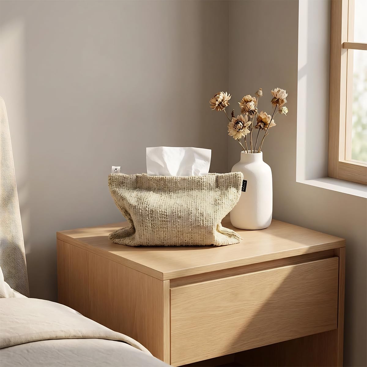 Nordic Forest Style Tissue Holder Bag Soft Khaki Chenille Fabric Pocket Tissue Holder Reusable Decorative Holder Decorations for Home Office Bathroom Car 10.6×7 inches