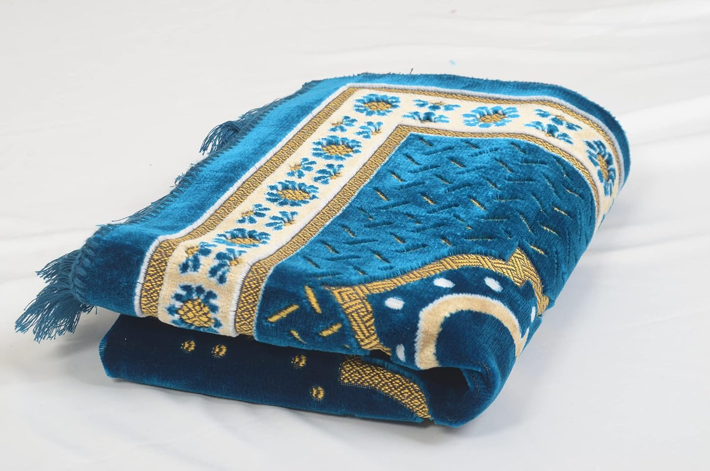 TB Muslim Prayer Rug Islamic, Soft Velvet Mat Ramadan Gift, with Prayer Bead Unique Decoration Gilded Gold-Like Embroidered for Women Man Kids Meditation Turkish African (Blue)