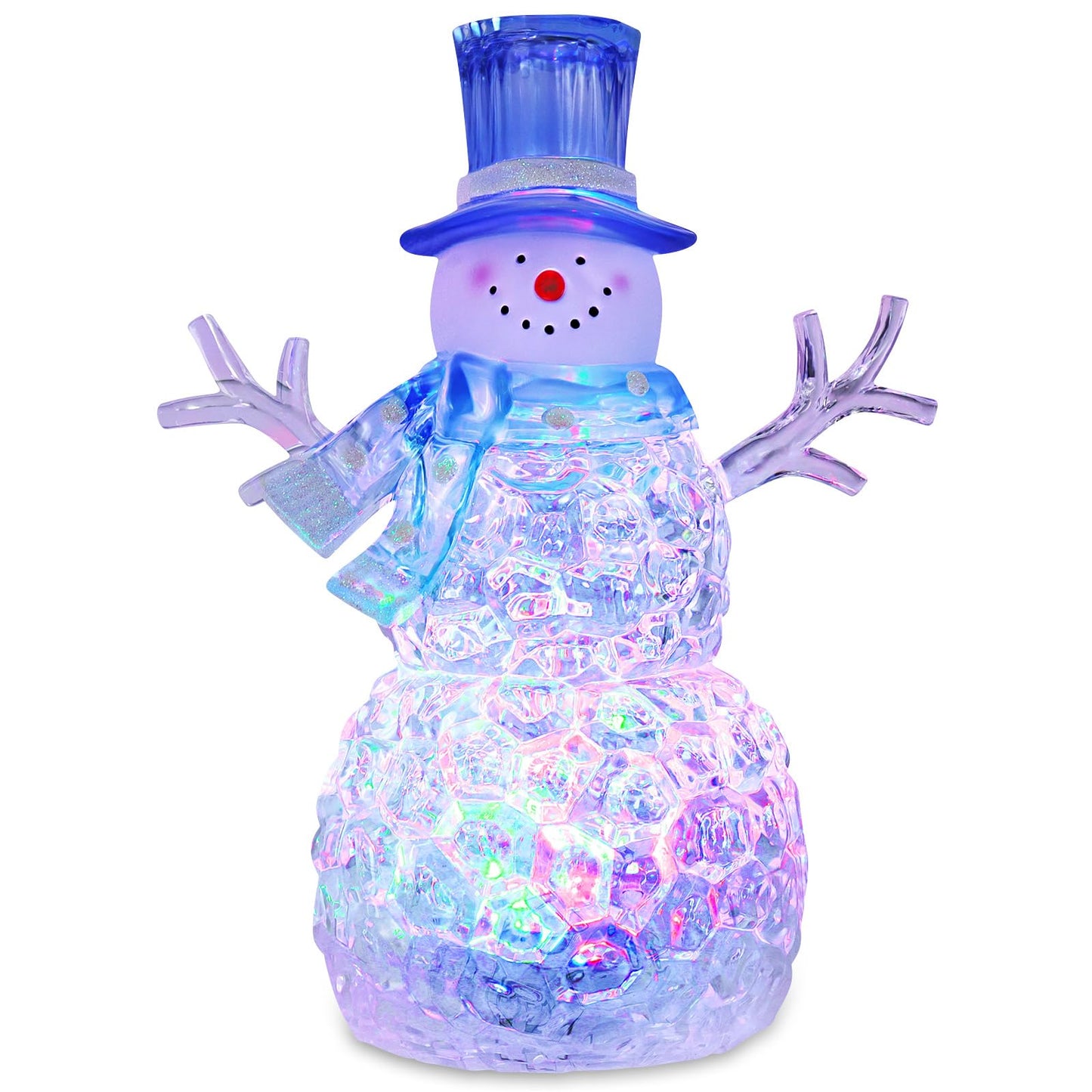 Snowman Christmas Decoration LED Lighted Snowman Figurines with 6H Timer 3 AAA Battery Operated Christmas Acrylic Snowman Decorations for Indoor Holiday Tabletop Decorations Gifts (Blue Hat)