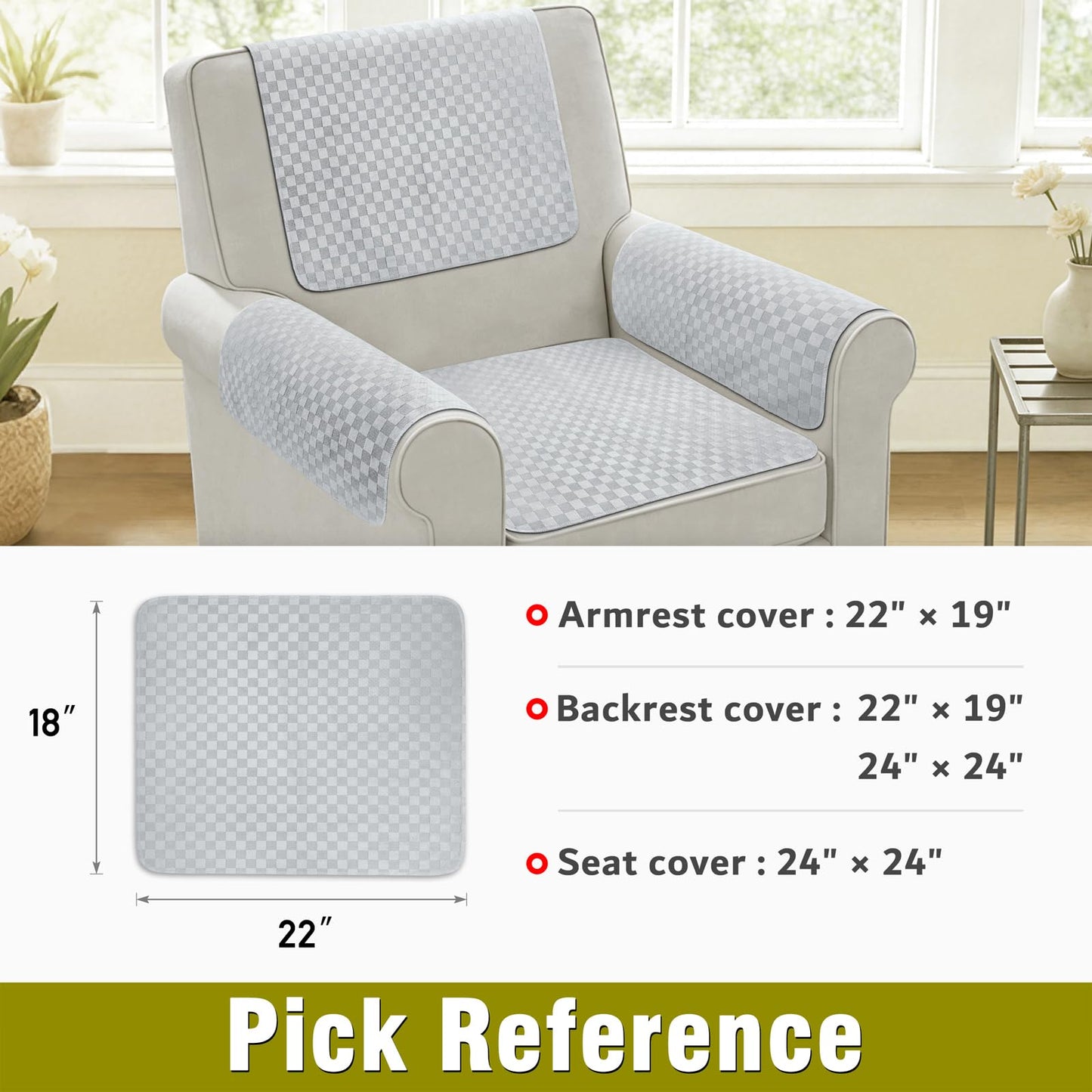 Madelegano Couch Arm Covers, Sofa Arm Covers, Waterproof Armrest Cover for Sofa, Loveseat, Armchair, Anti-Slip Recliner Arm Cover, Headrest Cover, Arm Chair Covers Set of 2 (Light Gray, 22"×18")