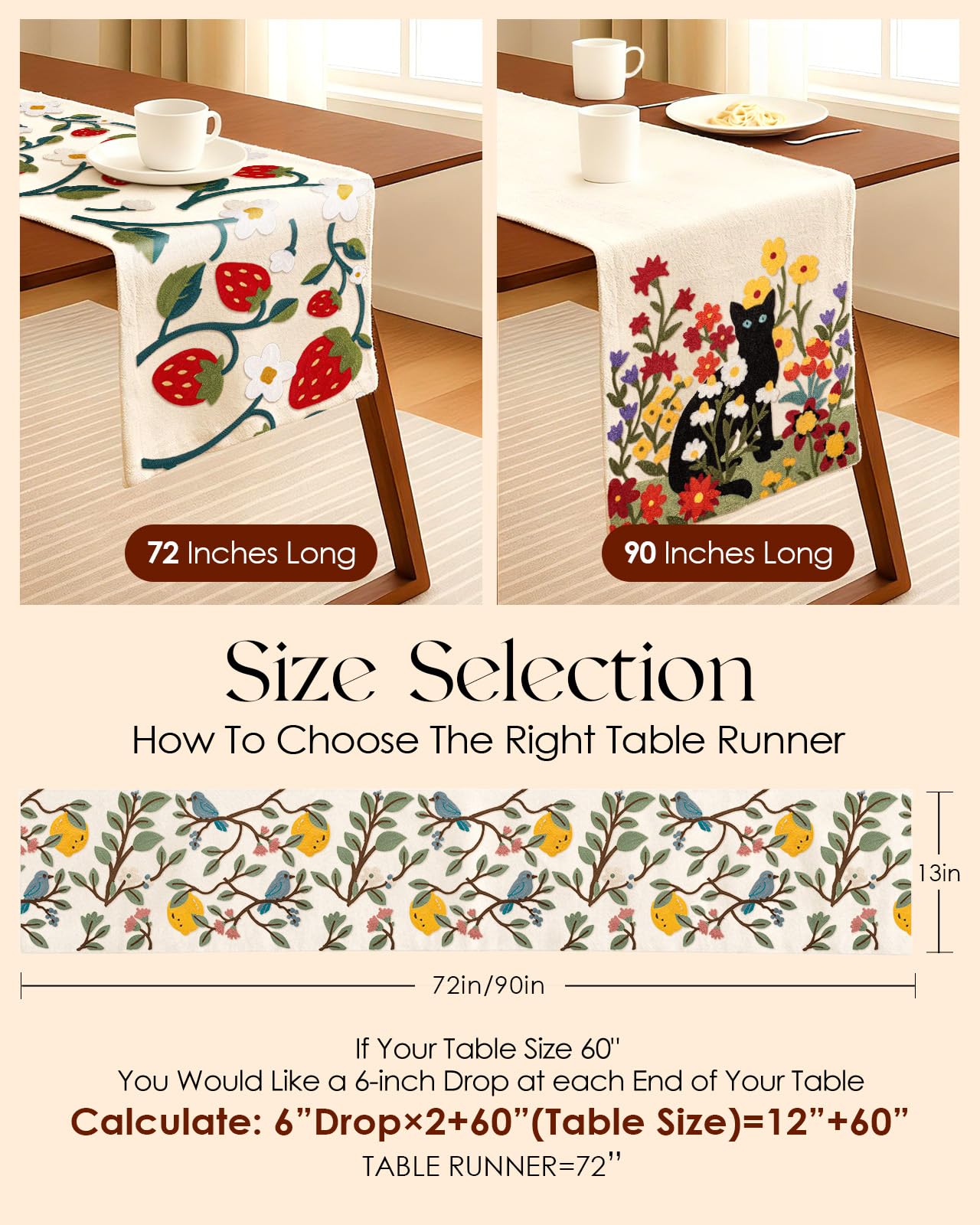 Kokaaee Canvas Embroidered Table Runner - 13"x 72" Coffee Table Runner for Living Room Narrow Tablerunner for Dining Room Washable Farmhouse Kitchen Island Counter Decor Housewarming Gift, Lemon Bird