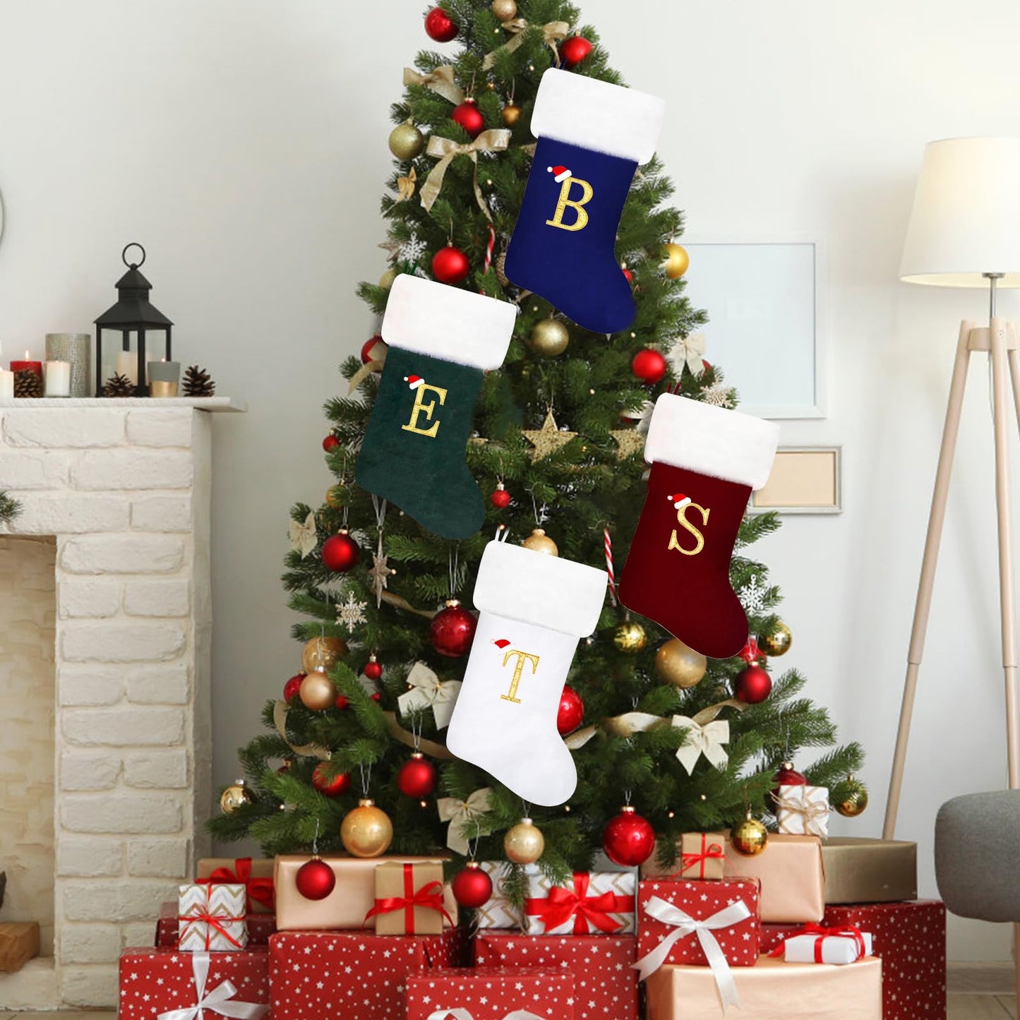 Eoocan 20 Inches Monogram Christmas Stockings Red Velvet with White Super Soft Plush Cuff Embroidered Xmas Stockings Classic Personalized Stocking Decorations for Family Holiday Season Decor(Letter A)