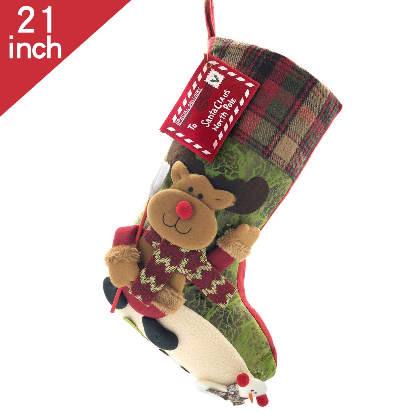 ETERAMUS 21 inch Plaid Christmas Stockings Deer, Bear, Animal One Piece, Felt Large Plush 3D Reindeer Snowman Design Hanging Stocking for Girls Boys Xmas Tree Mantel Party Decor (Green)