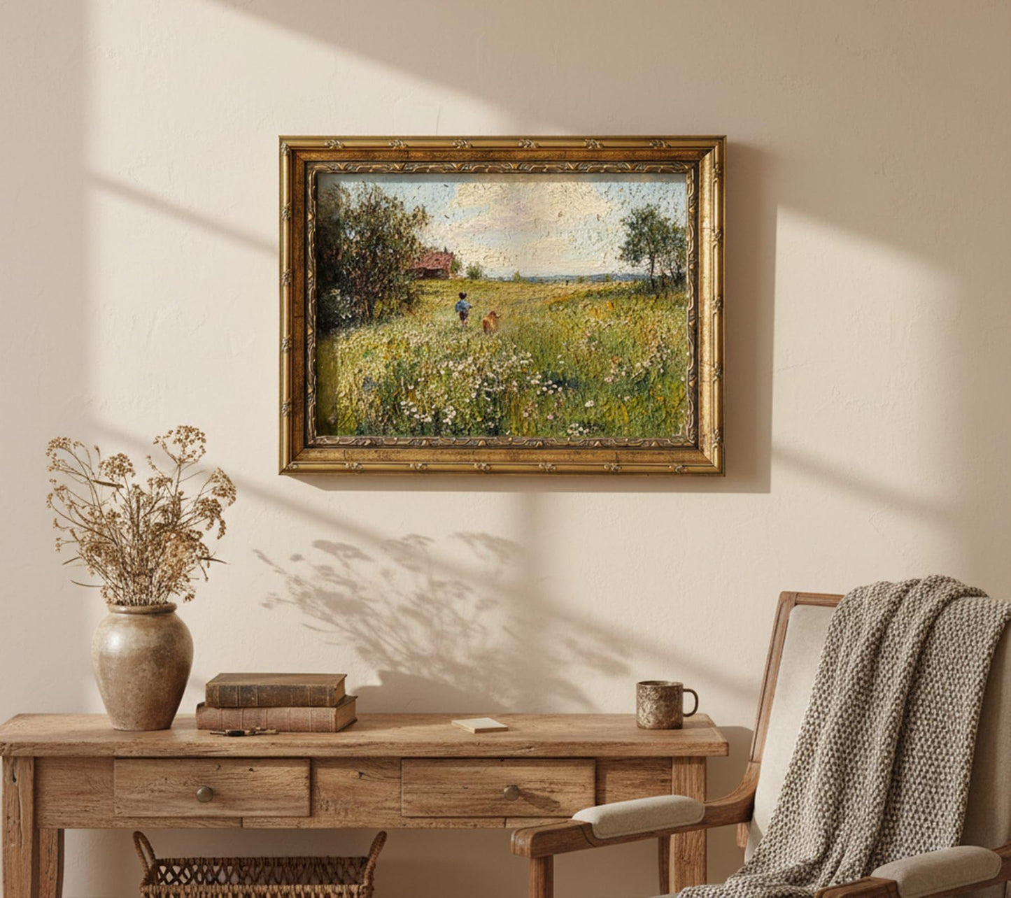 Gold Framed Vintage Country Canvas Wall Art 3D Textures Boy and Dog Running in Flower Field Painting Picture Farmhouse Landscape Wildflower Print Wall Decor for Bedroom Living Room Decoration 9x11in