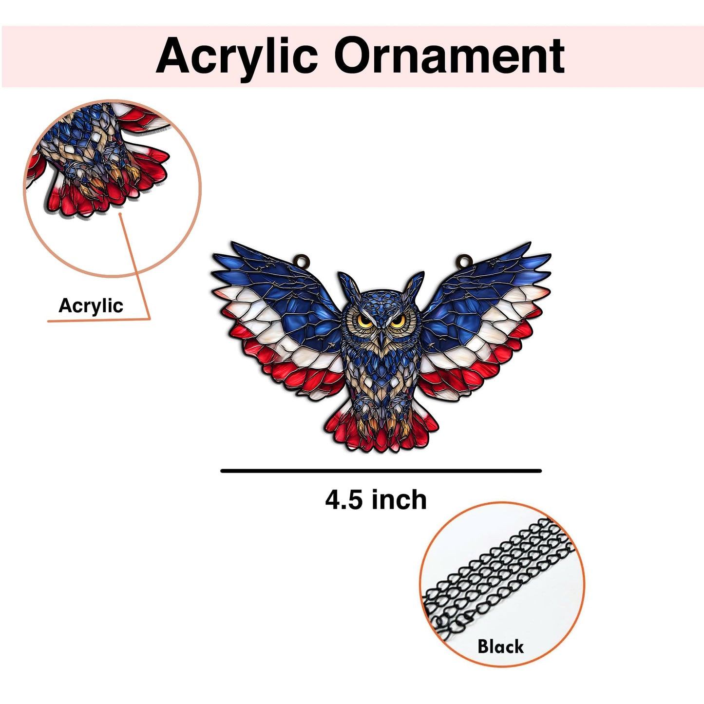 American Flag Owl Suncatcher Acrylic Suncatcher Window Hanging Ornament Patriotic Owl Decor for Home, Garden, Office 4th of July Gifts Bird Ornament for USA Lovers, Veterans, Nature Fans