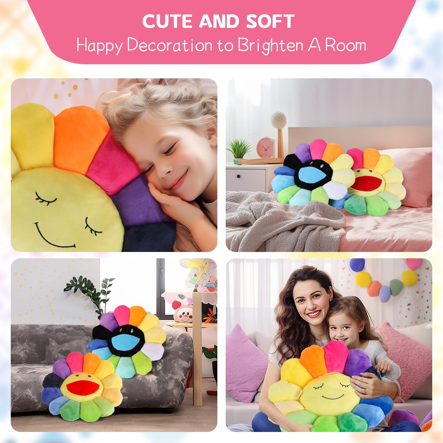 SNEPOO Smile Face Plush Rainbow Pillow, Sunflower Indie Decor Plush Pillow Soft & Comfortable Flower Floor Pillow for Home Reading Bed Room Decoration (40CM, Black and White)
