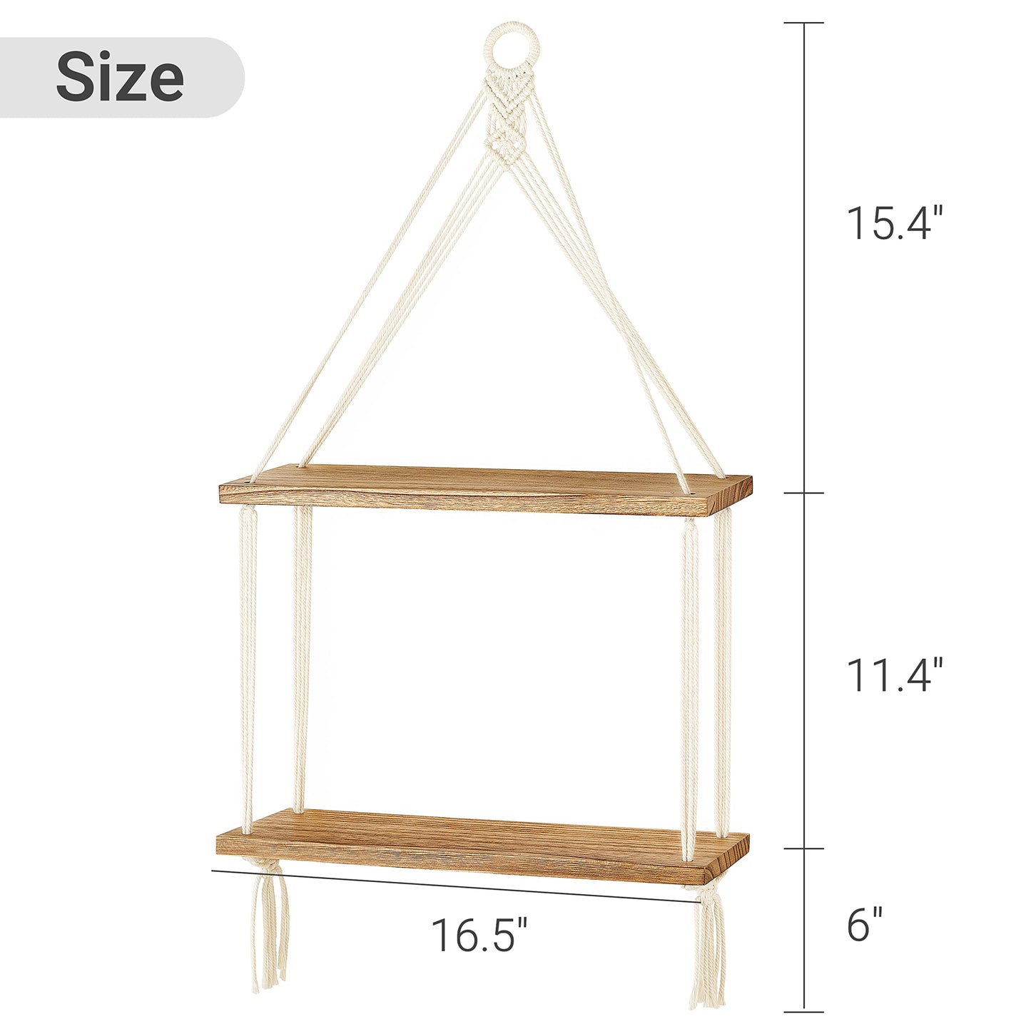 Mkono Macrame Hanging Shelf Boho Wall Decor 2 Tier Handmade Cotton Rope Rustic Wood Floating Shelves Display Photos Plants Hanging Storage Shelving for Living Room Nursery Bathroom Bedroom