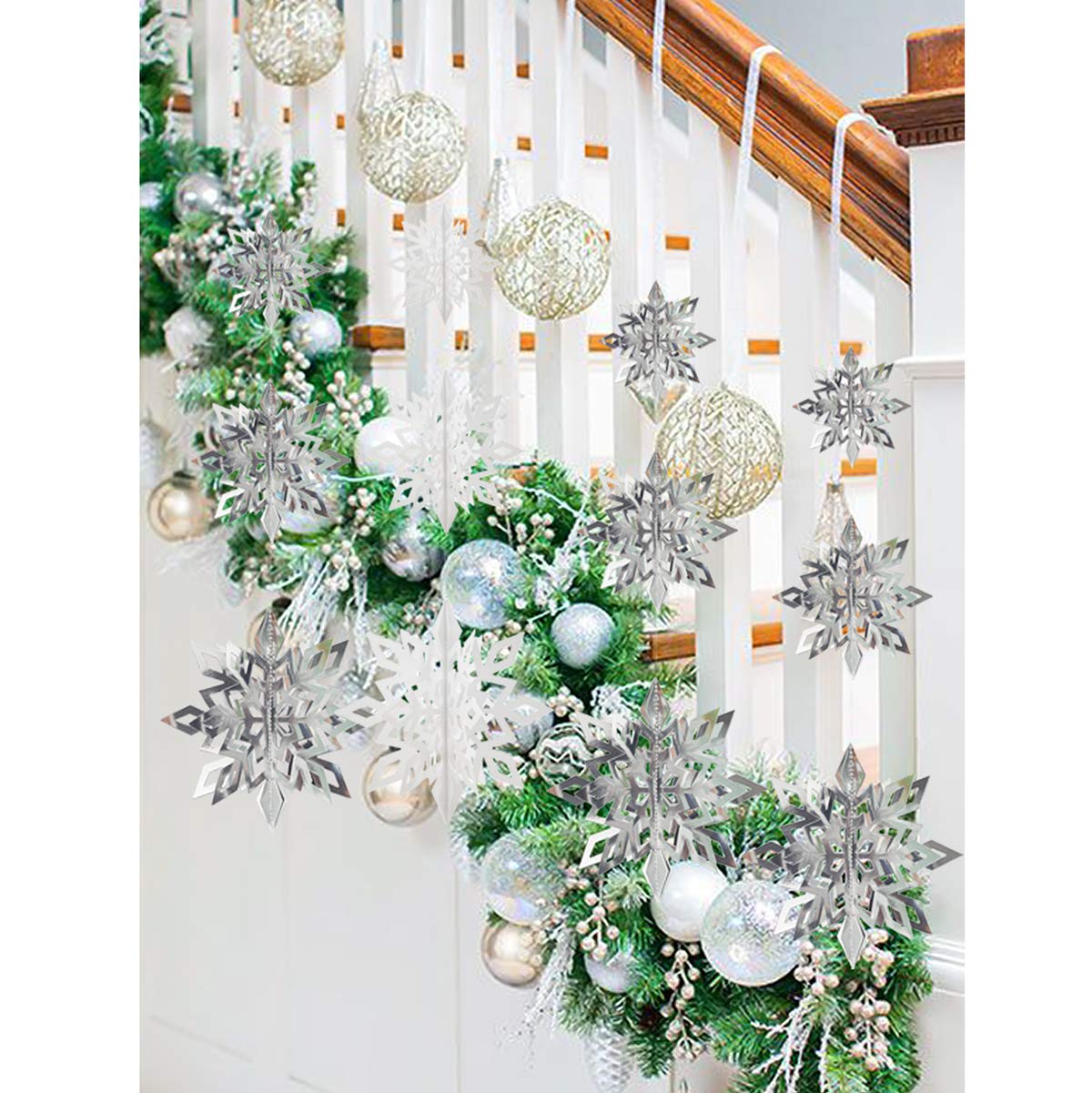 Crafare Christmas 3D Hanging Snowflakes Ornaments 3 Size 18PCS White Silver Snowflakes Hanging Garland for Winter Wonderland Holiday New Year Party Home Decoration