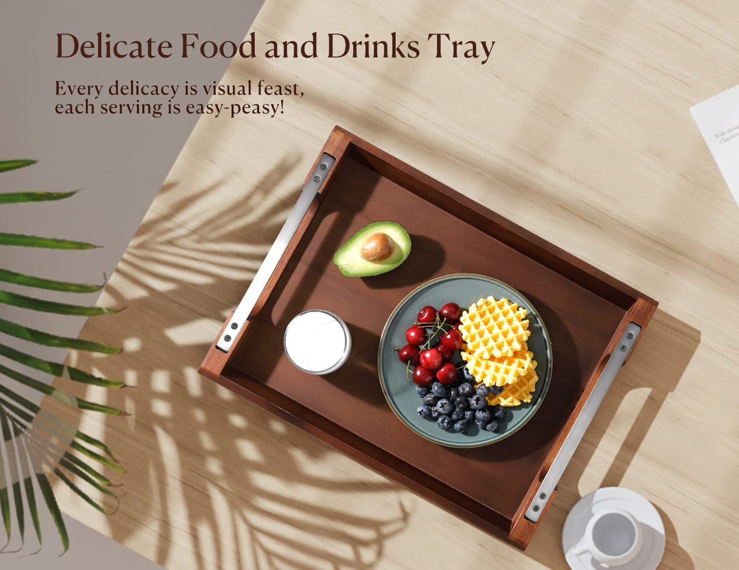 Dofira Acacia Wood Serving Tray with Metal Handles, 17x13in Food Drinks Tray for Coffee Table, Breakfast, Dinner & Bar, Rustic Decorative Storage Tray for Ottoman, Kitchen, Elegent Gift for Mom