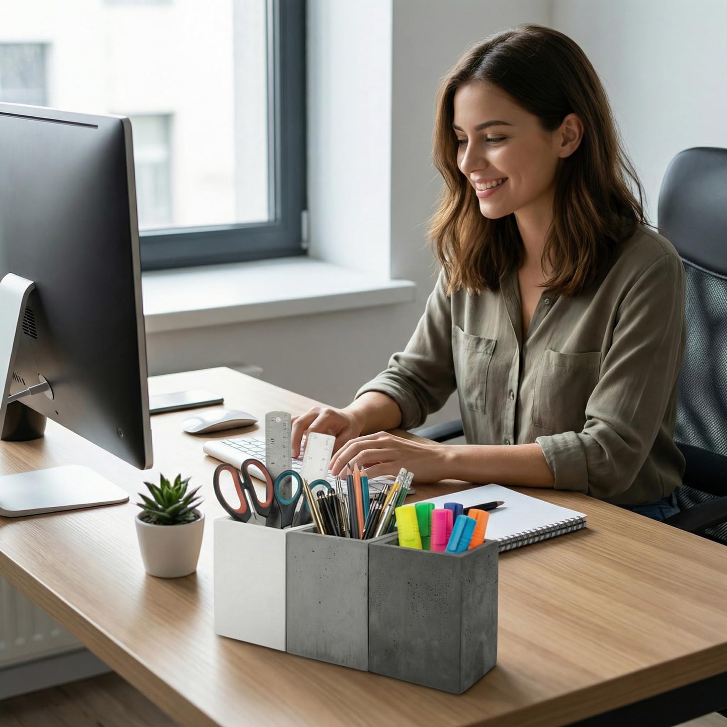 MyGift Pen Holder Pencil Holder For Desk,Pen Cup Holder For Desk,Concrete Desktop Pencil Cup,Modern Gray-Tone,Set of 3