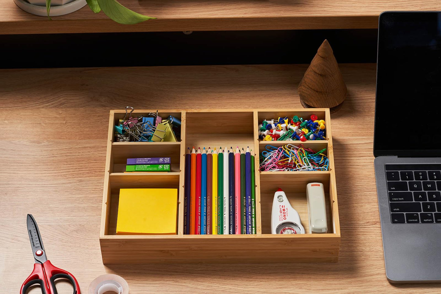 Umilife Bamboo Desk Drawer Organizer, Wood Junk Organizer Tray with Adjustable Dividers, Anti-Skip Storage Organization in Office Bathroom Drawer for Vanity, Makeup, 12" x 9"
