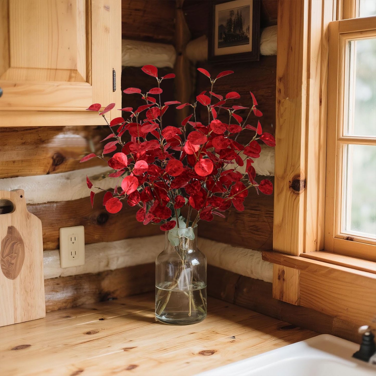 siqifloral 4pcs 23.62" Realistic Red Artificial Leaves – Faux Red Eucalyptus Stems for Vase Decoration, Rustic Farmhouse & Christmas Table Centerpiece