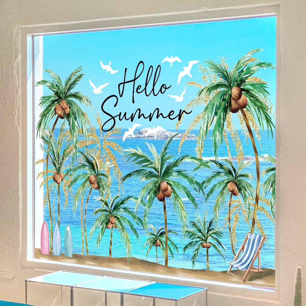 Heirloom Haven Extra Large Hello Summer Window Clings, Summer Sun Beach Window Removable Double Sided Coconut for Glass Windows Home Store Decor