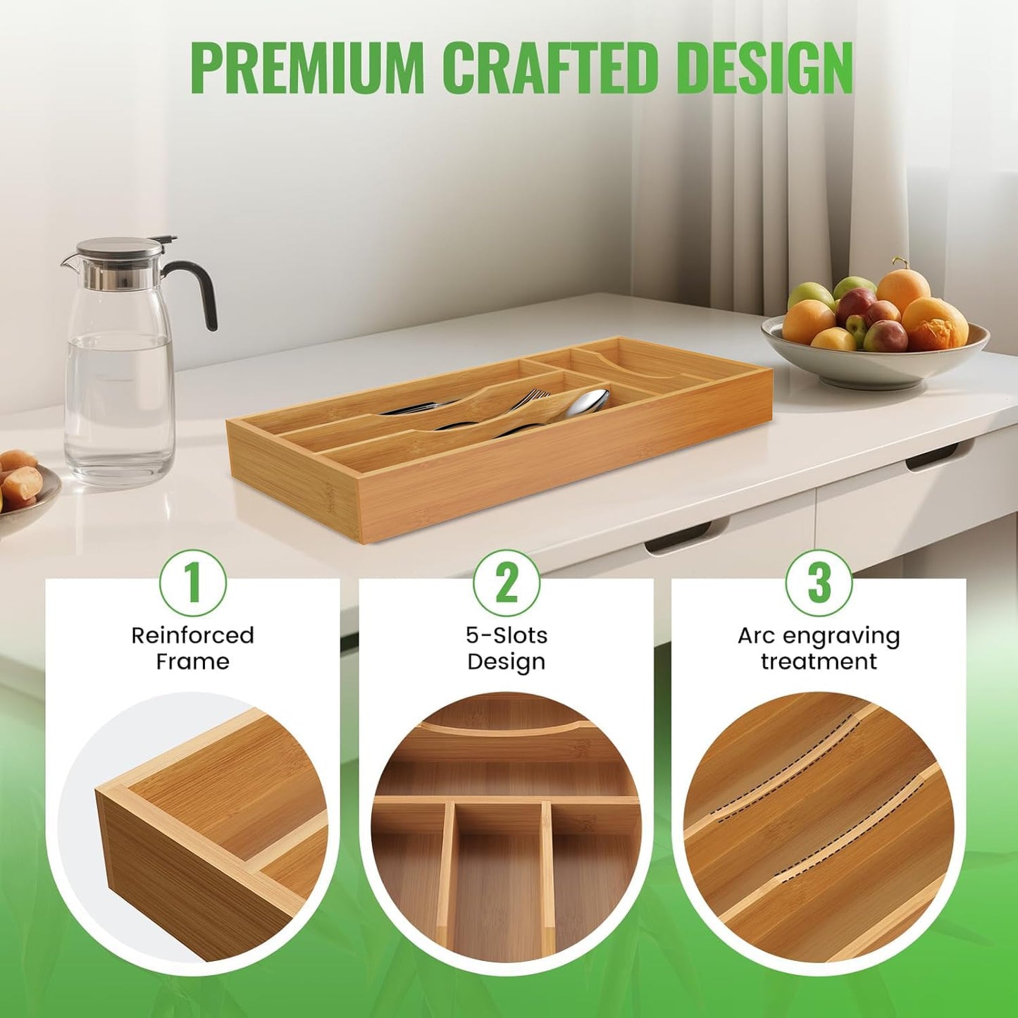 Bayting Small Silverware Organizer, Bamboo Kitchen Drawer Cutlery Organizer, Utensil Holder, Flatware Organizer Tray (14.2"x6.7"x1.6")