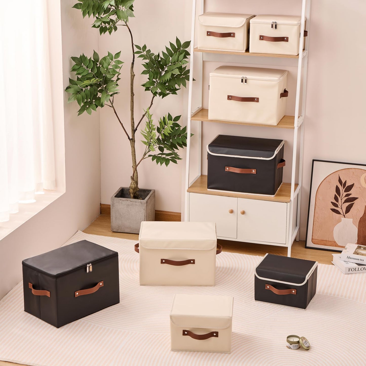 LOLUVIZCO Storage Bins Box with Lids Decorative PU Leather Fabric Baskets Cubes with Handles PP Plastic Board Foldable Washable Lidded Clothing Shelf Closet Organizer Container (Beige, Large)
