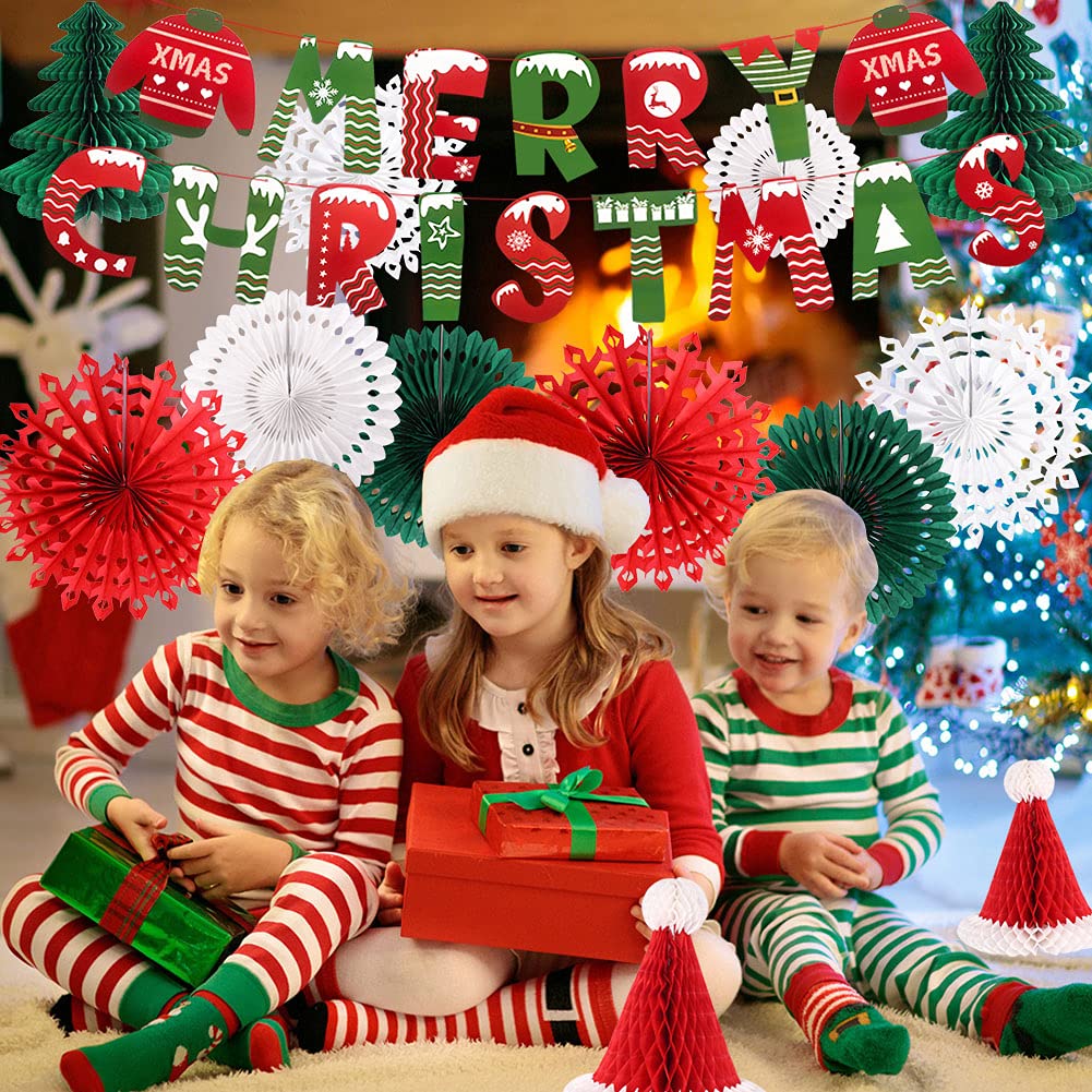 Christmas Party Decorations, Merry Christmas Banner Honeycomb Santa Hats Trees Hanging Snowflakes Paper Fans for Xmas Party Eve Holiday Home Decor