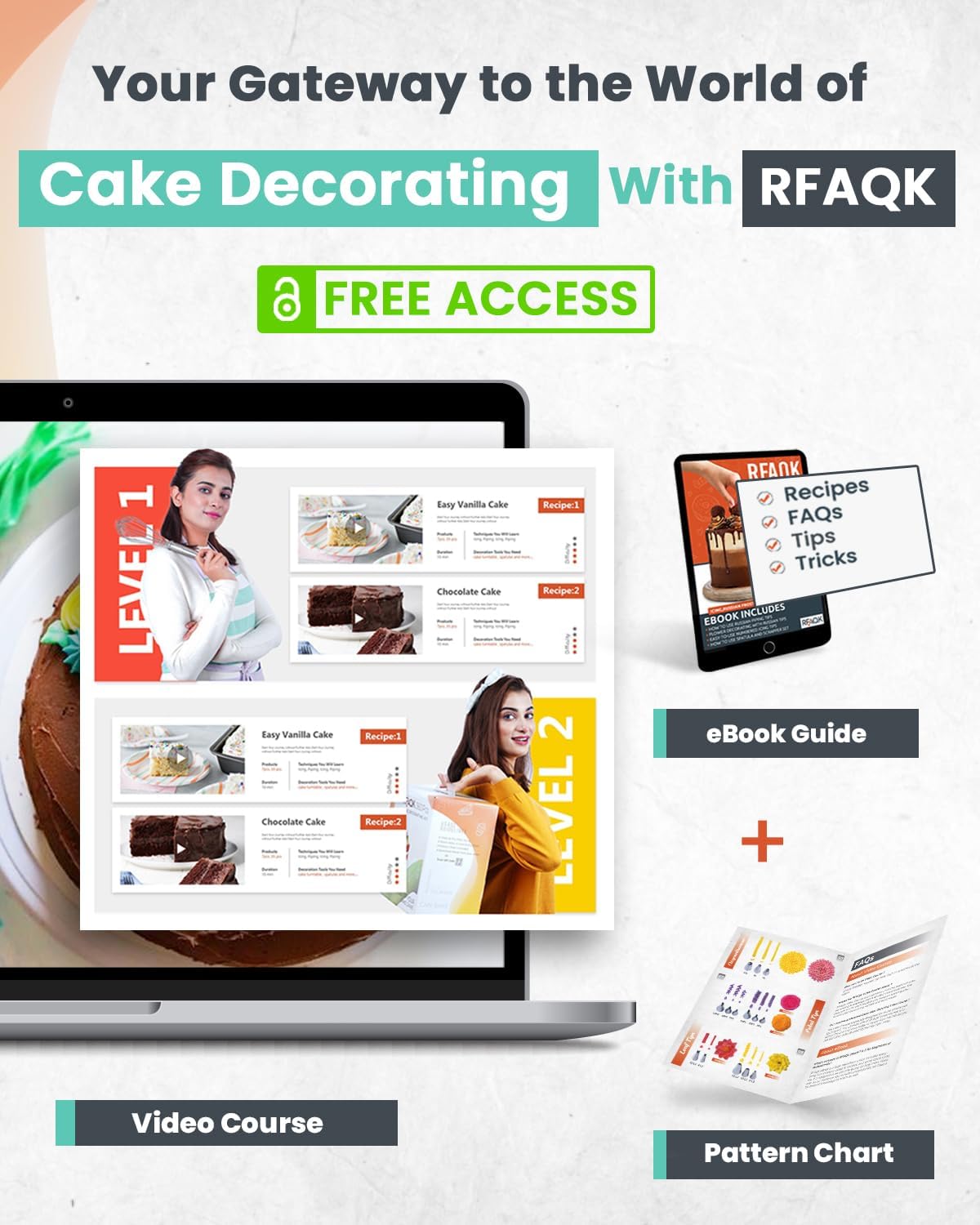 RFAQK 90PCs Cake Decorating Kit with Leveler, Baking Supplies Gift Includes Cake Stand Turntable, 24 Numbered Icing Tips, 55+1 Piping Bags, 2 Frosting Spatulas, 3 Scrappers, Video Course & Booklet