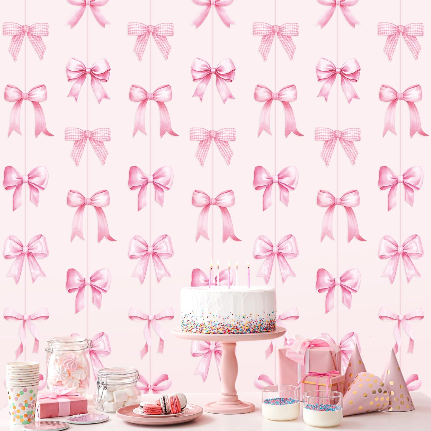 Daifunli 8 PCS Bow Decorations Bow Hanging Banners Garland Banners Paper Cutouts Ribbon Streamers for Birthday Bridal Engagement Bachelorette Wedding Party Decor(Pink)