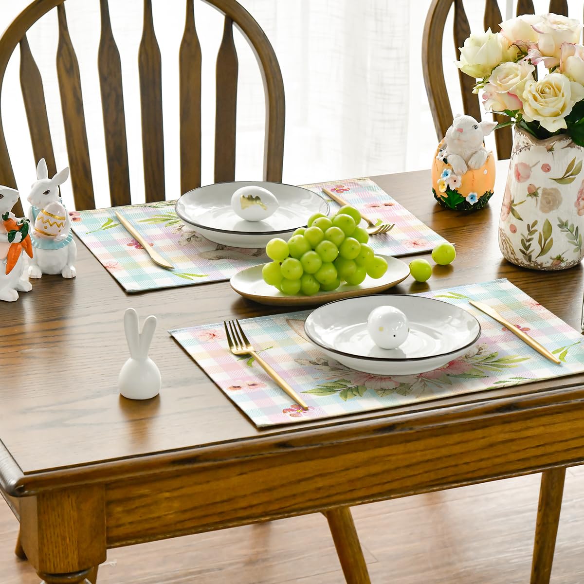 Artoid Mode Colourful Buffalo Plaid Bunny Ears Flower Easter Placemats Set of 4, 12x18 Inch Seasonal Holiday Table Mats for Party Kitchen Dining Decoration