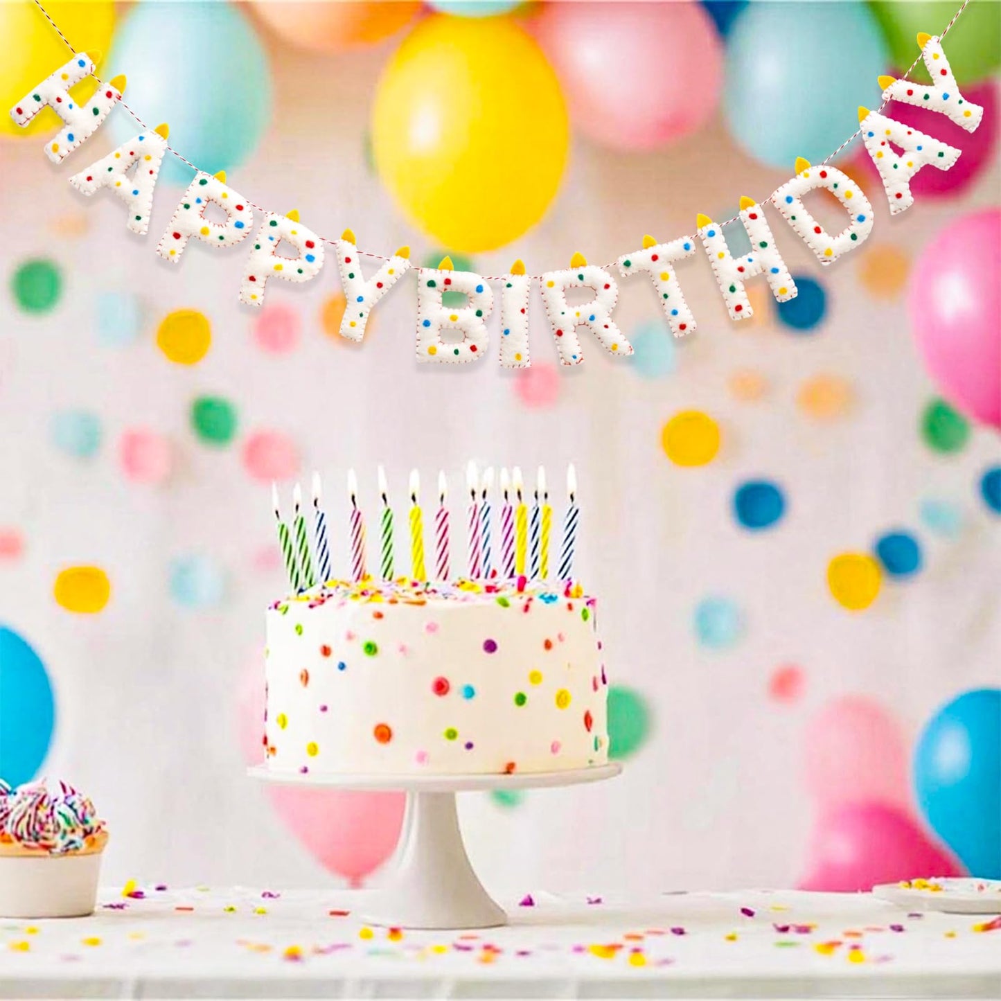 Pre-Strung Happy Birthday Banner Handmade Wool Felt HAPPY BIRTHDAY Garland, Reusable Rainbow Party Decorations,Personalized Holiday Sign for Kids Birthday Party Decor,Photo Prop (Confetti Dots Banner)
