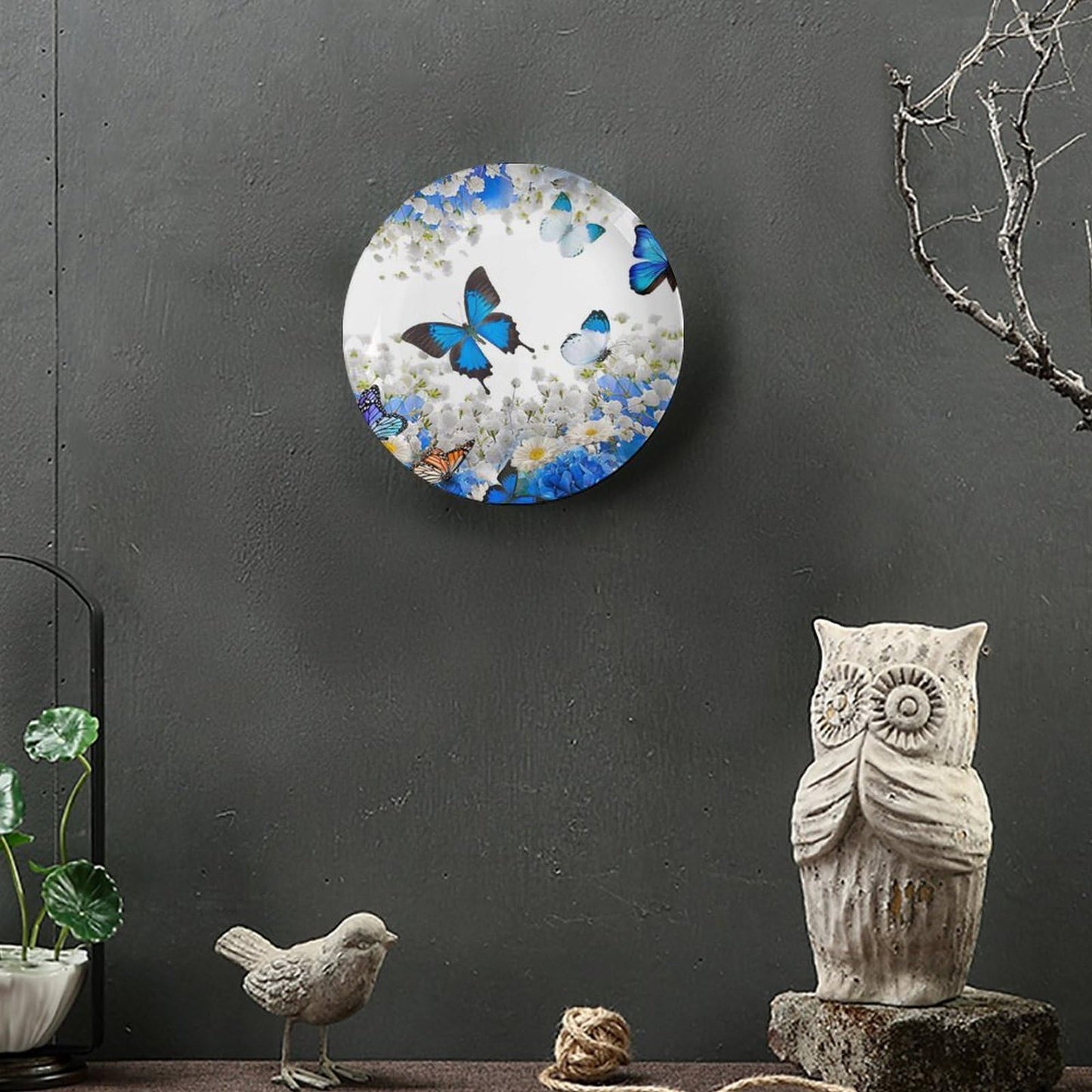 Bictucem Decorative Plates, 8 Inch, Flower Butterfly Round Display Plate, Table Top Plate Decor with Stand, for Wall Hanging Living Room Bathroom Decor Gift