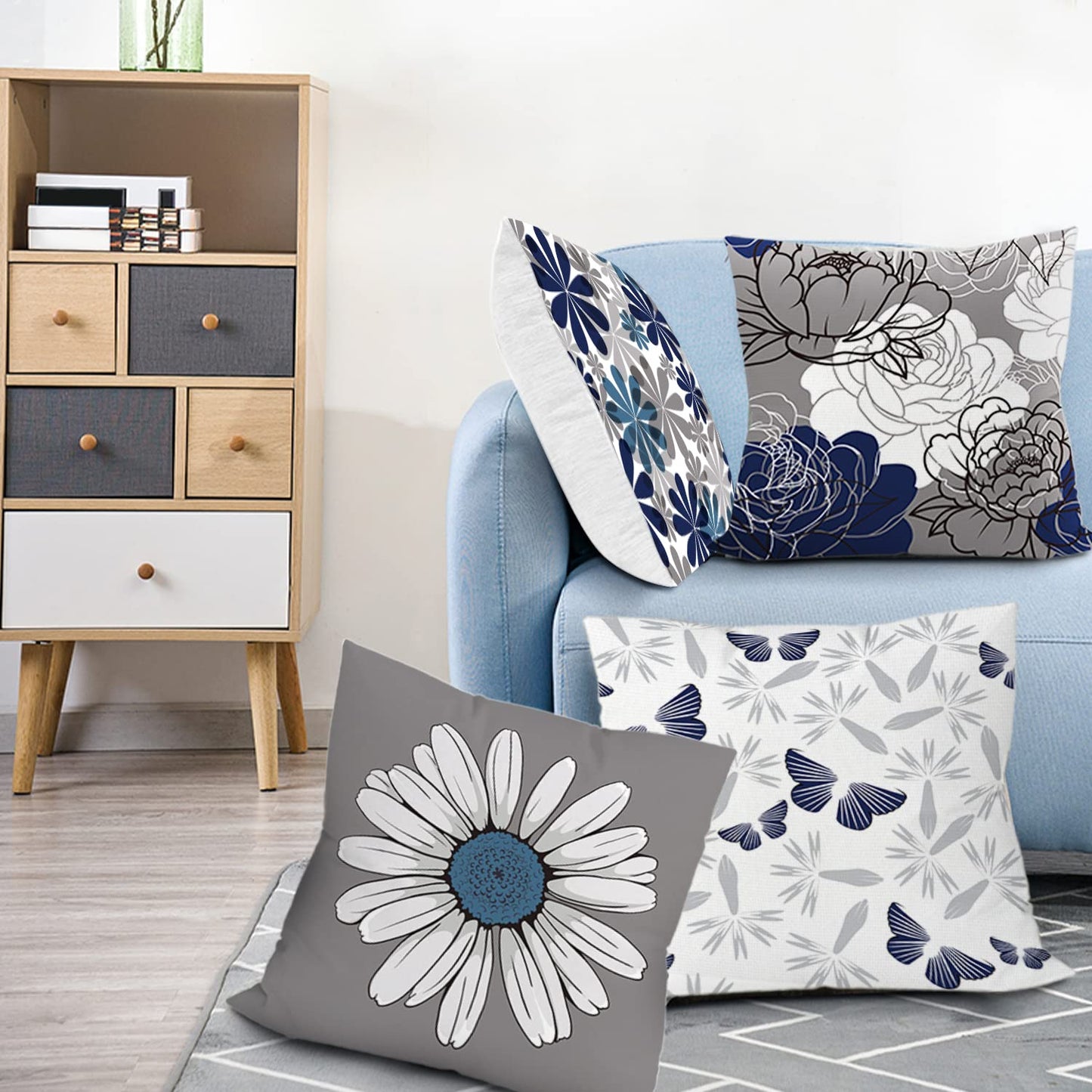 COMMINY Blue Grey Pillow Covers 18x18 Set of 6 Decorative Daisy Flower Throw Pillow Cover for Couch Modern Pillow Case for Patio Living Room Cushion Bed Farmhouse Home Decor