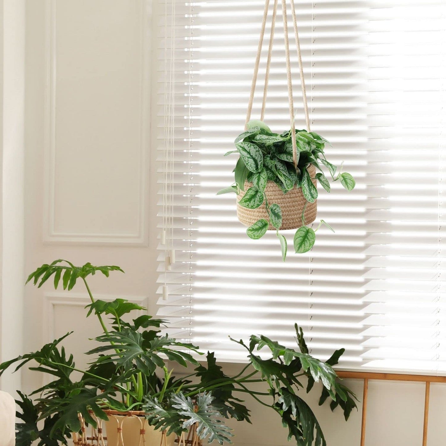 Flexzion Macrame Plant Hanger Basket for Indoor Plants - 8 Inch Jute Rope Planter Pot Cover, Woven Hanging Plant Holder Up to 7 Inch Pots, Boho Hanging Planters Home Decor Storage Organizer (Brown)