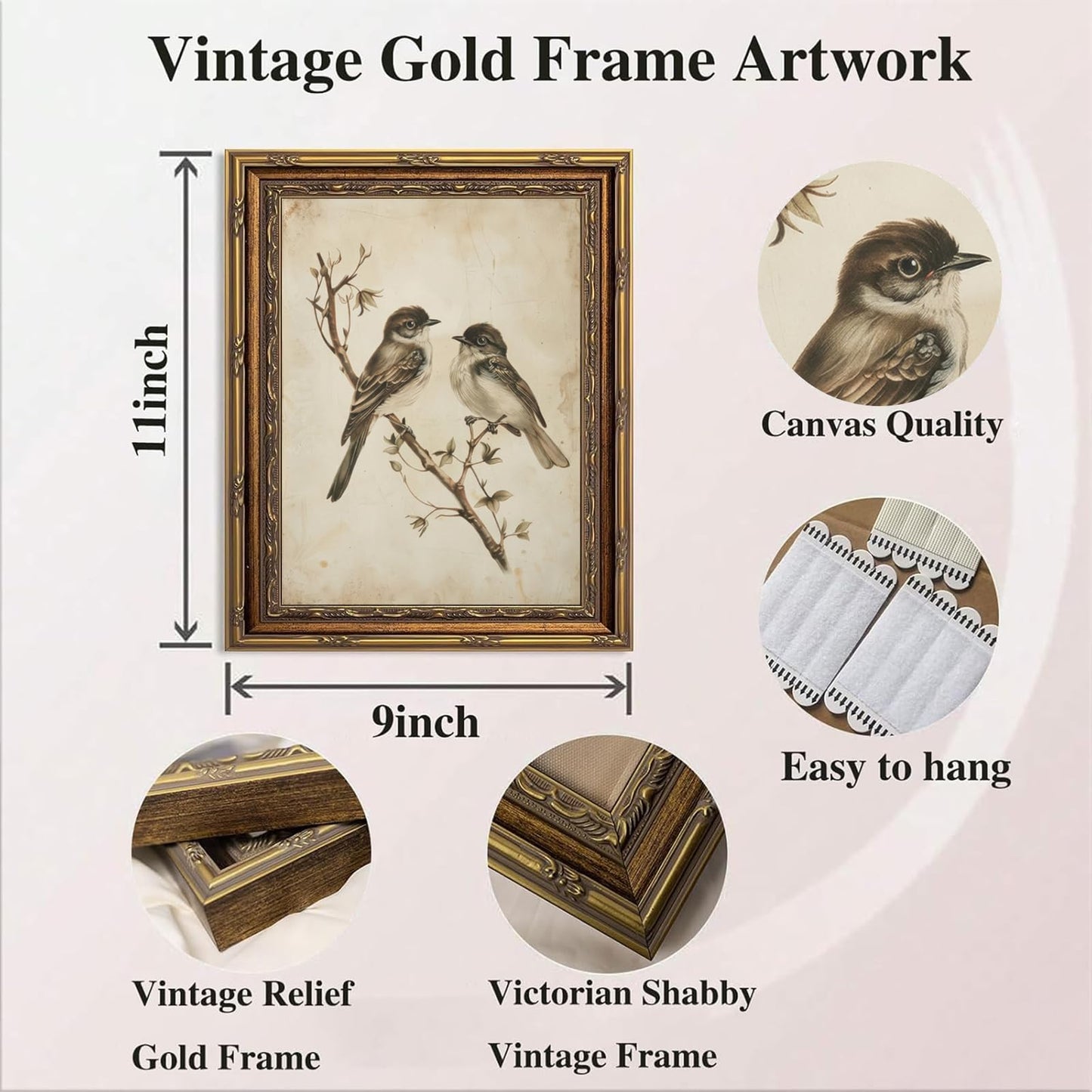 yunjulp Vintage Gold Framed Bird Wall Art, Birds in Love on a Branch Canvas Prints,Minimalist Antique Neutral Sketch Painting Picture Rustic Farmhouse Wall Decor for Bathroom Bedroom 9" x 11"