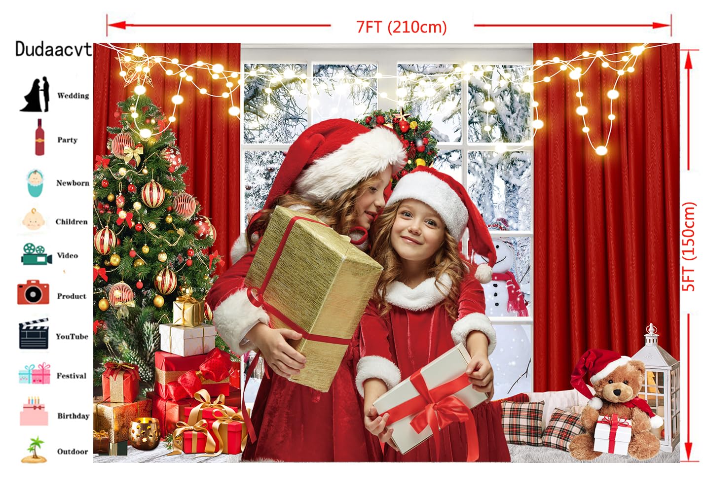 Christmas Window Backdrop 7x5ft Red Curtain Photography Backdrop Winter Xmas Party Banner Decorations Background Xmas Holiday Party Photo Booth D649