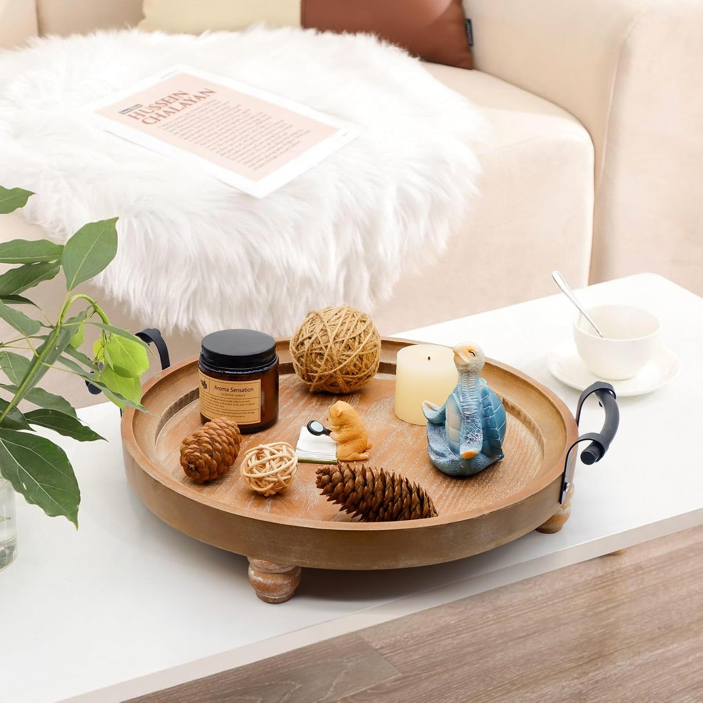 TOOLTENG Wooden Decorative Tray for Coffee Table, Round Wood Serving Tray with Metal Handles, 13 Inch Rustic Wood Trays for Tale Centerpiece, Home Kitchen Farmhouse Decor