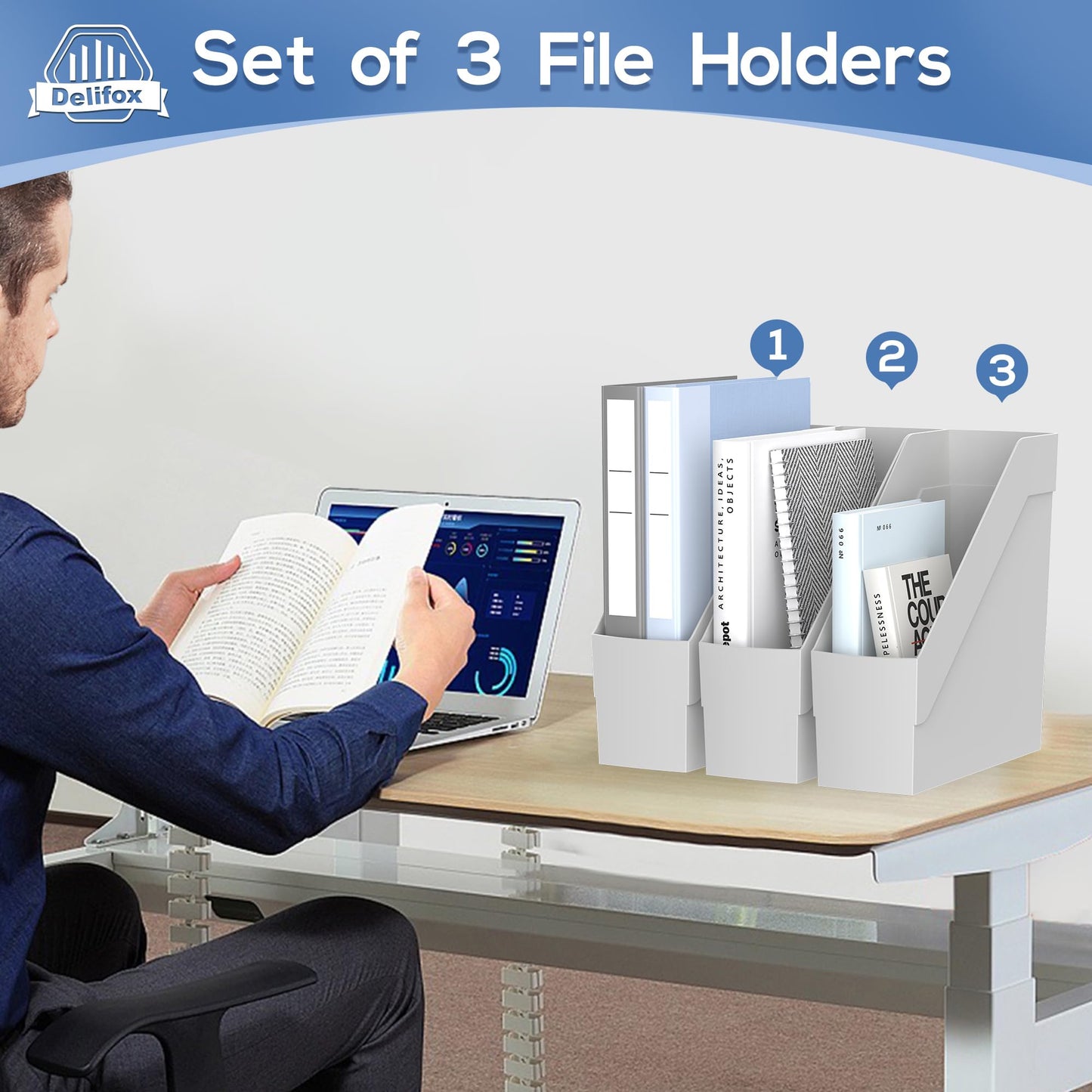 Delifox 3 Pack Magazine Rack, Plastic File Folder Bin Organizer, Gray