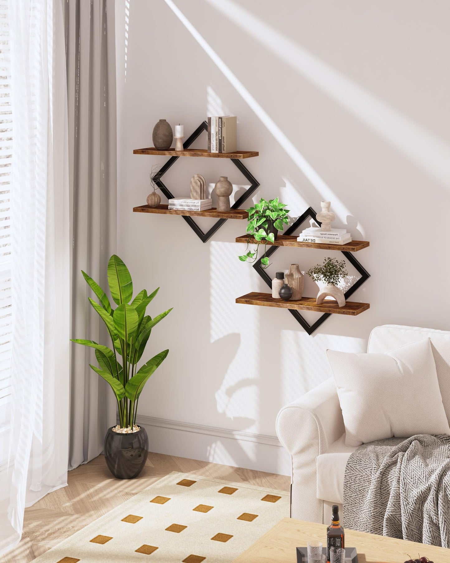 CHOEZON Floating Shelves, Set of 2 Wall Shelves, 2-Tier Hanging Shelves, Wall Shelf Set of 2, Wall Mounted Shelves, for Living Room, Bedroom, Kitchen, Office, Study, Rustic Brown TBJ01P2BF