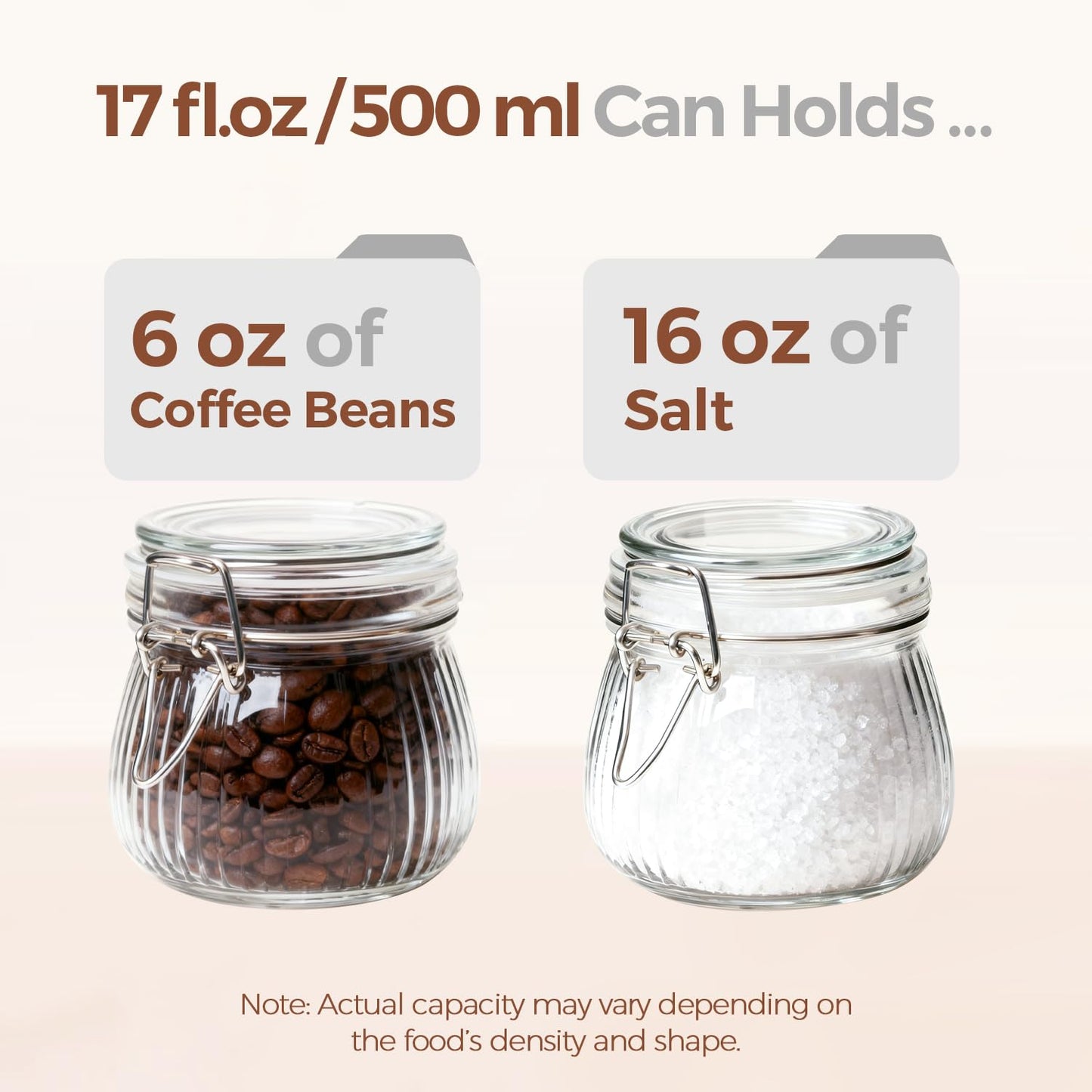 ComSaf 6-Pack 17oz Ribbed Glass Storage Jars with Airtight Clamp Lids, Decorative Wide Mouth Pint Canisters for Jam, Spices, Nuts, Snacks - Ideal for Kitchen Pantry and Drawer Organization