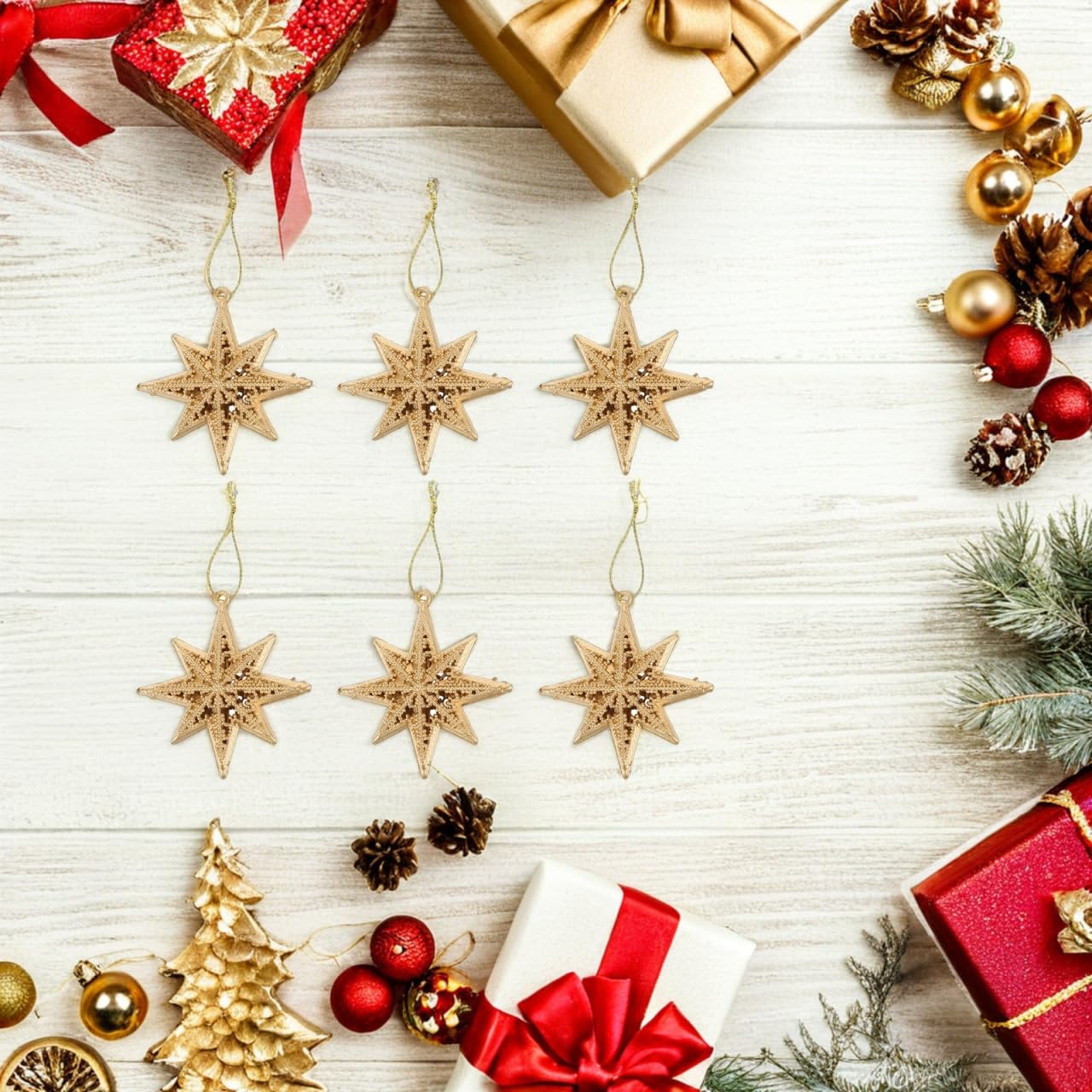 Garneck 12 Pcs Christmas Star Ornaments, Mini Eight-Pointed Star Pendants, Golden Plastic Decorations for Christmas Tree, 3.38 x 3.22 x 2.36 Inch