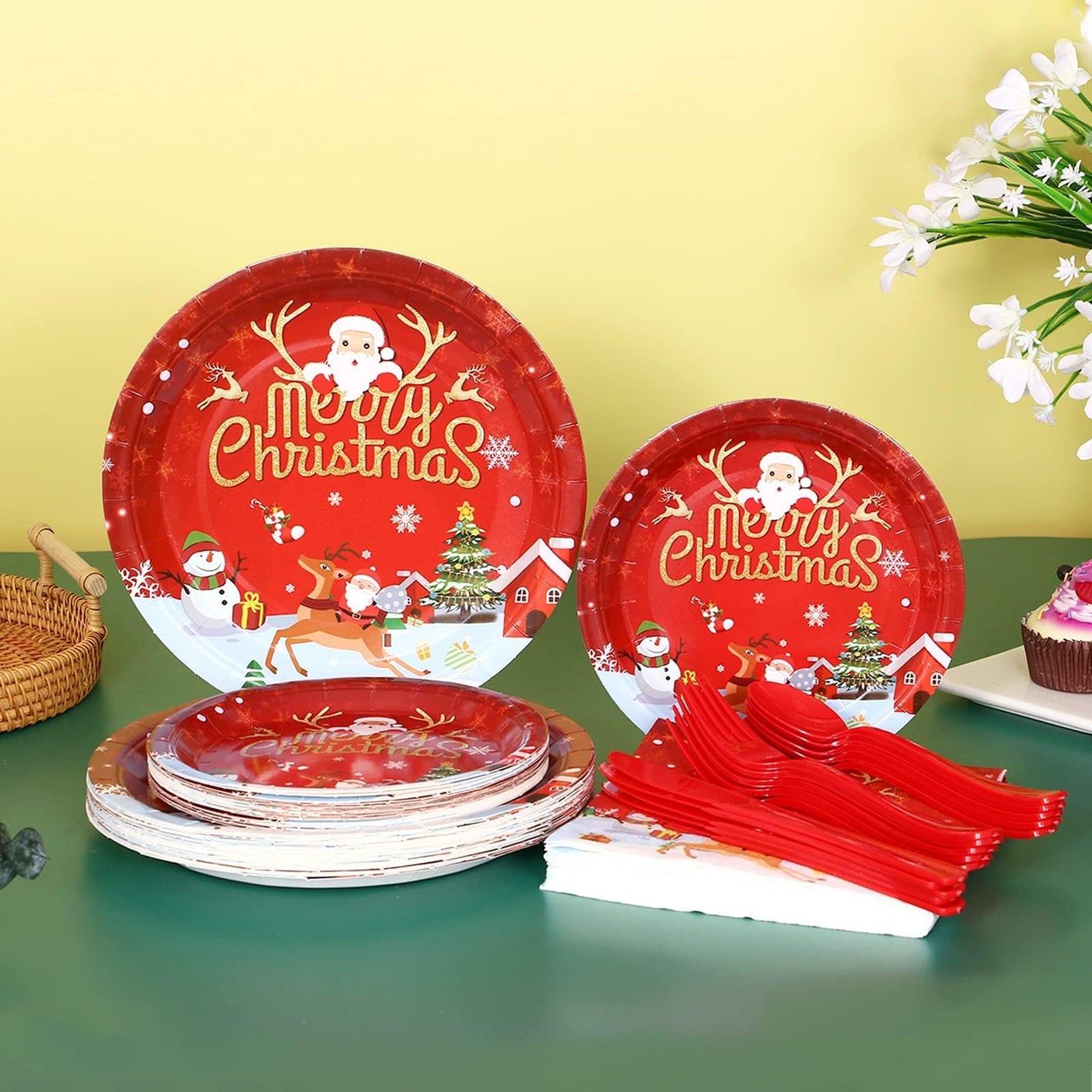 LOOWVY Christmas Paper Plates and Napkins Set, Christmas Plates Cups Napkins Forks Tablewares Party Supplies Serve 24