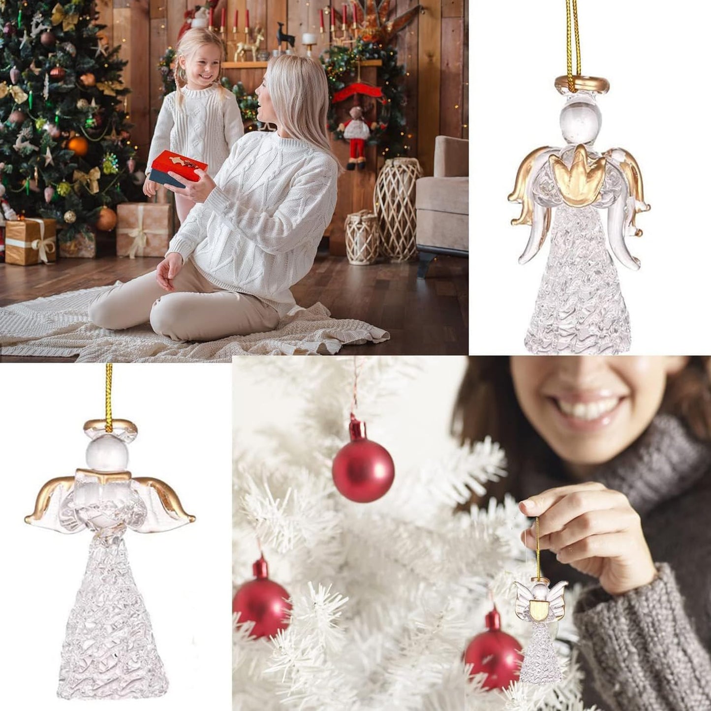 MAFAGE Christmas Angel Ornaments Set, 12 PCS Spun Glass Ornaments with Star/Heart/Praying Hands, Clear Angel Figurine Christmas Tree Pendants for Xmas Season Decor