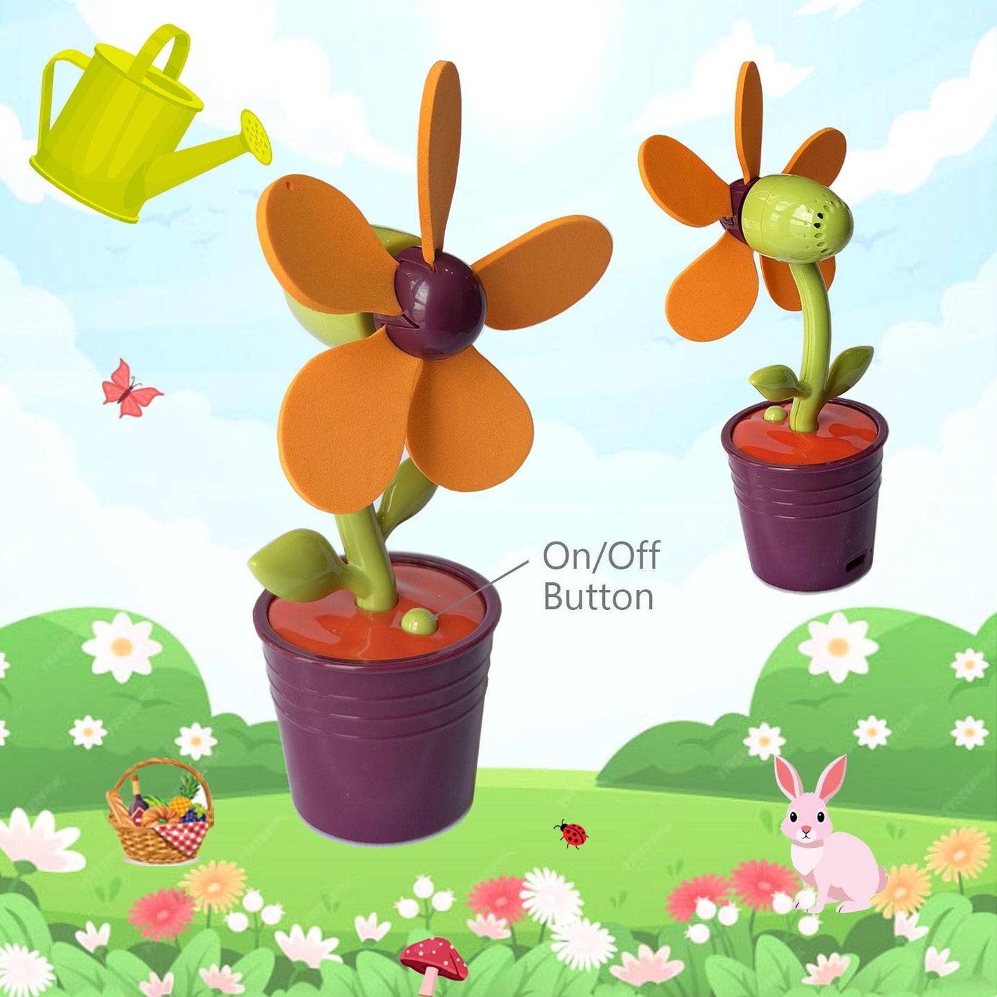 Mini Rechargeable Flower Pot Fan, Includes 2 EVA Blades (1 Purple and 1 Orange) USB-C Charging, 200mAh Battery, Decorative Desktop Fan,