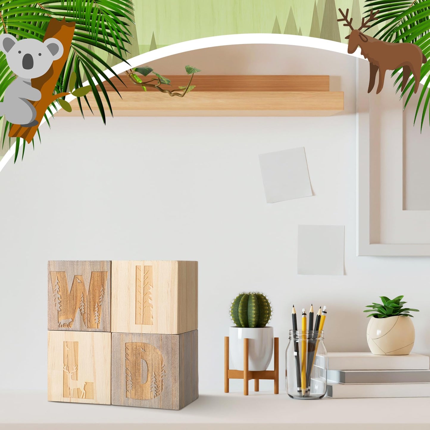RattanView 4 Pcs 2.4 Inch Woodland Wild Nursery Wood Decor Nursery Wood Shelf Blocks for Bedroom Playroom Gifts Wild Sign Woodland Table Blocks Decor for Boys Girls