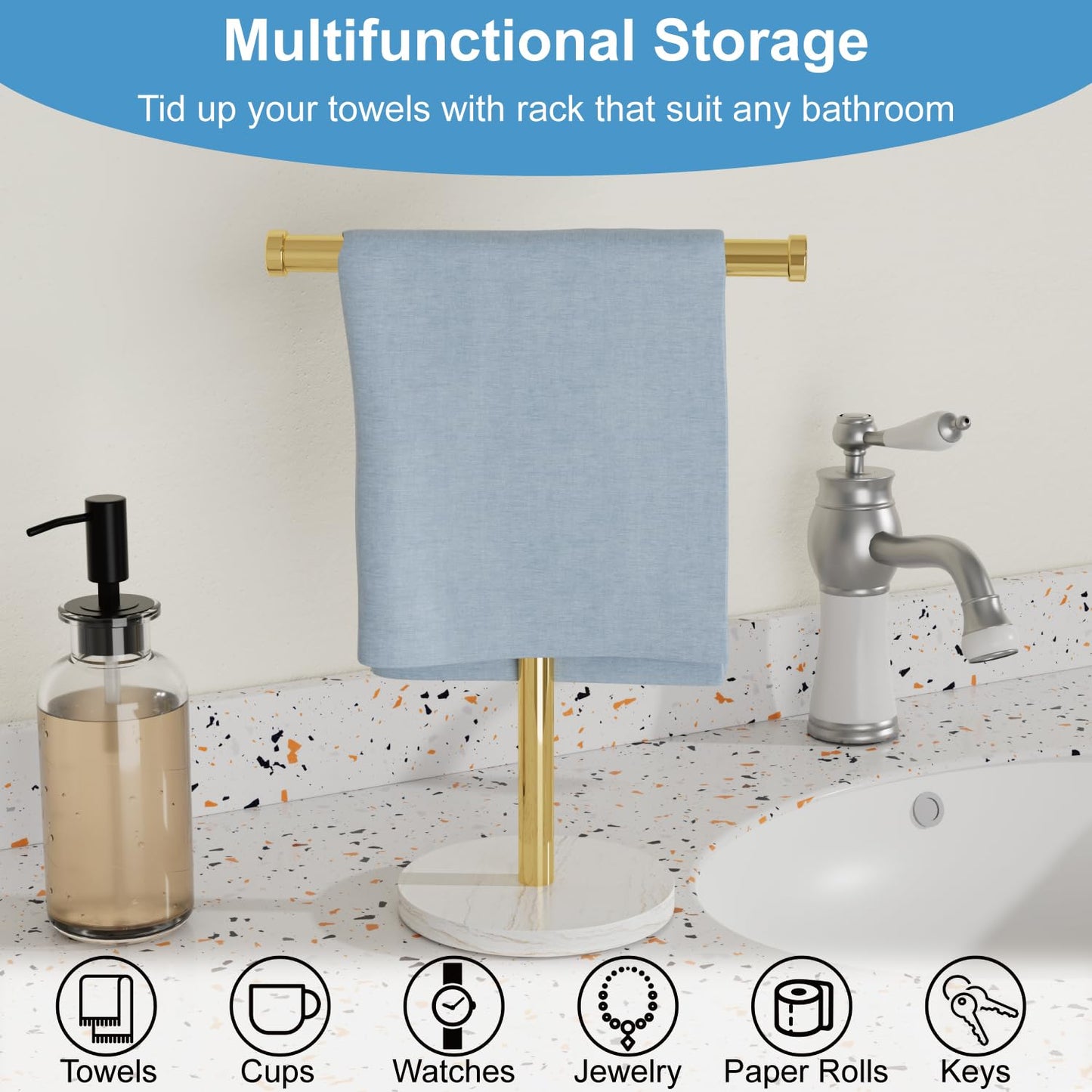 Blemoacha Hand Towel Holder, T-Shape Hand Towel Stand with Heavy Marble Base, Stainless Steel Towel Bar Rack for Bathroom Vanity, Kitchen Countertop, Gold