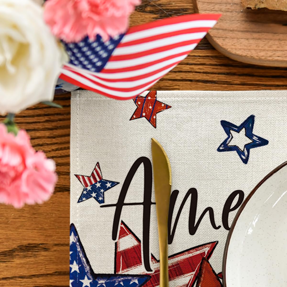 Artoid Mode Stars Black Cat Patriotic 4th of July Placemats Set of 4, 12x18 Inch Memorial Day Holiday Table Mats for Party Kitchen Dining Decoration