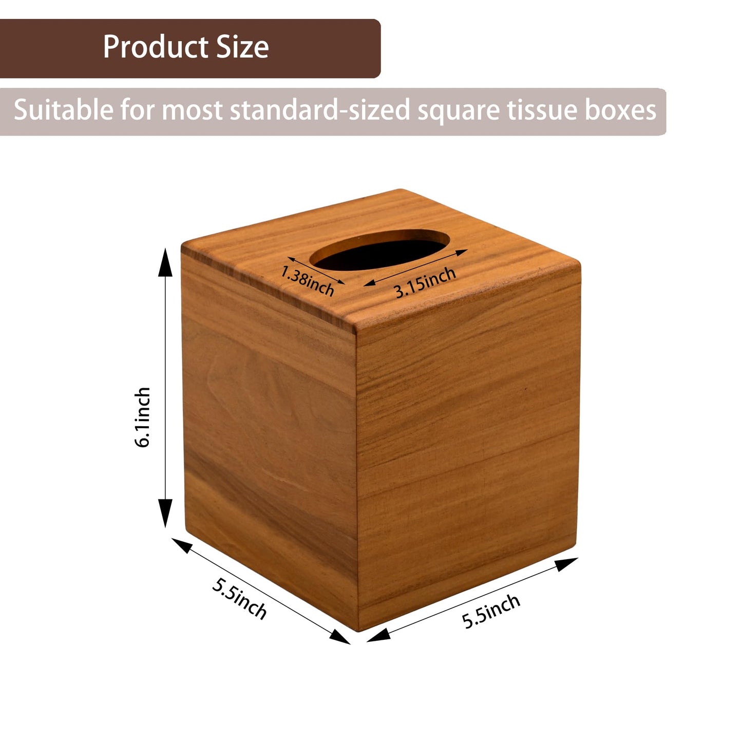 Chicvilla Tissue Box Cover Square, Teak Wood Tissue Box Holder with Slide-Out Bottom, Wooden Tissue Box Cover Cube for Bathroom, Bedroom, Dinner Table, 5.5 x 5.5 x 6.1 inches