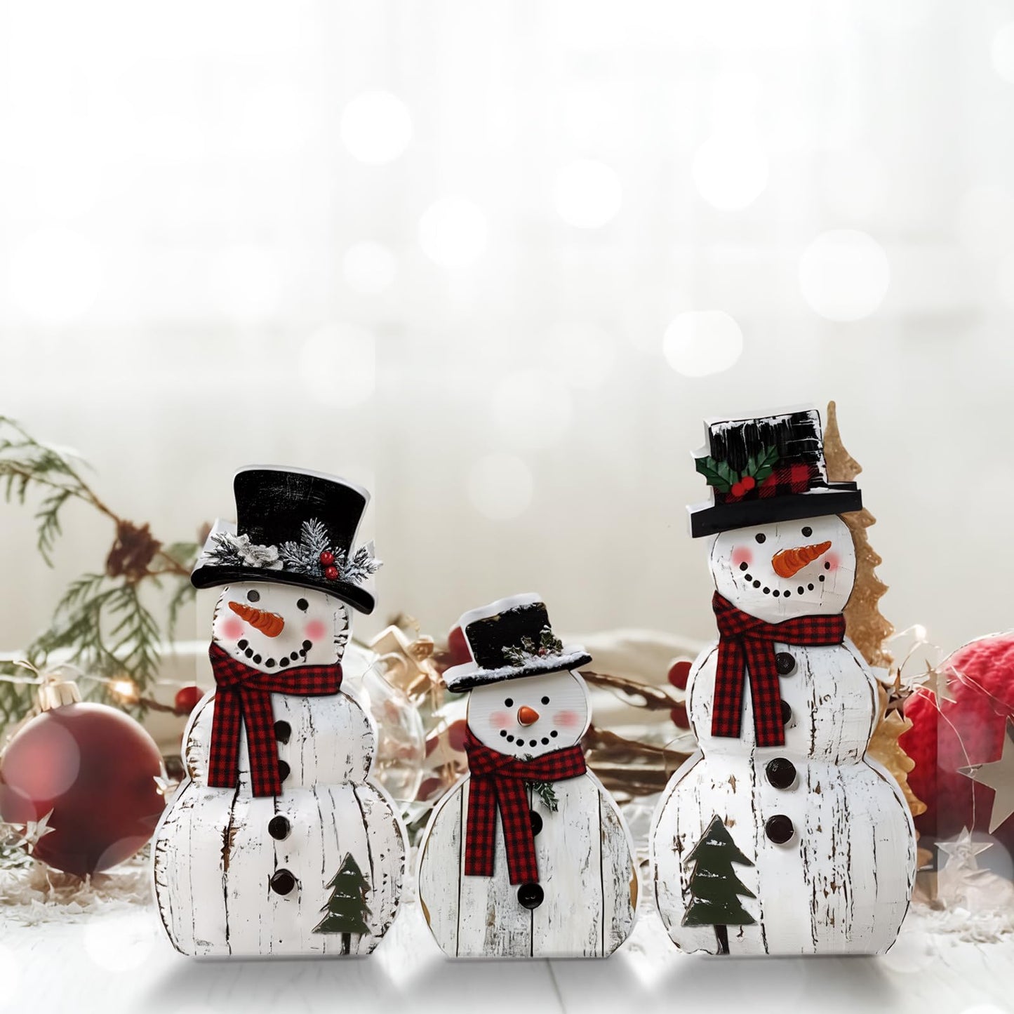Barydat 3 Pcs Christmas Snowman Wooden Decorations Rustic Snowman Table Centerpieces Block Sign for Xmas Holiday Party Winter Indoor Home Kitchen Office Room Decorations
