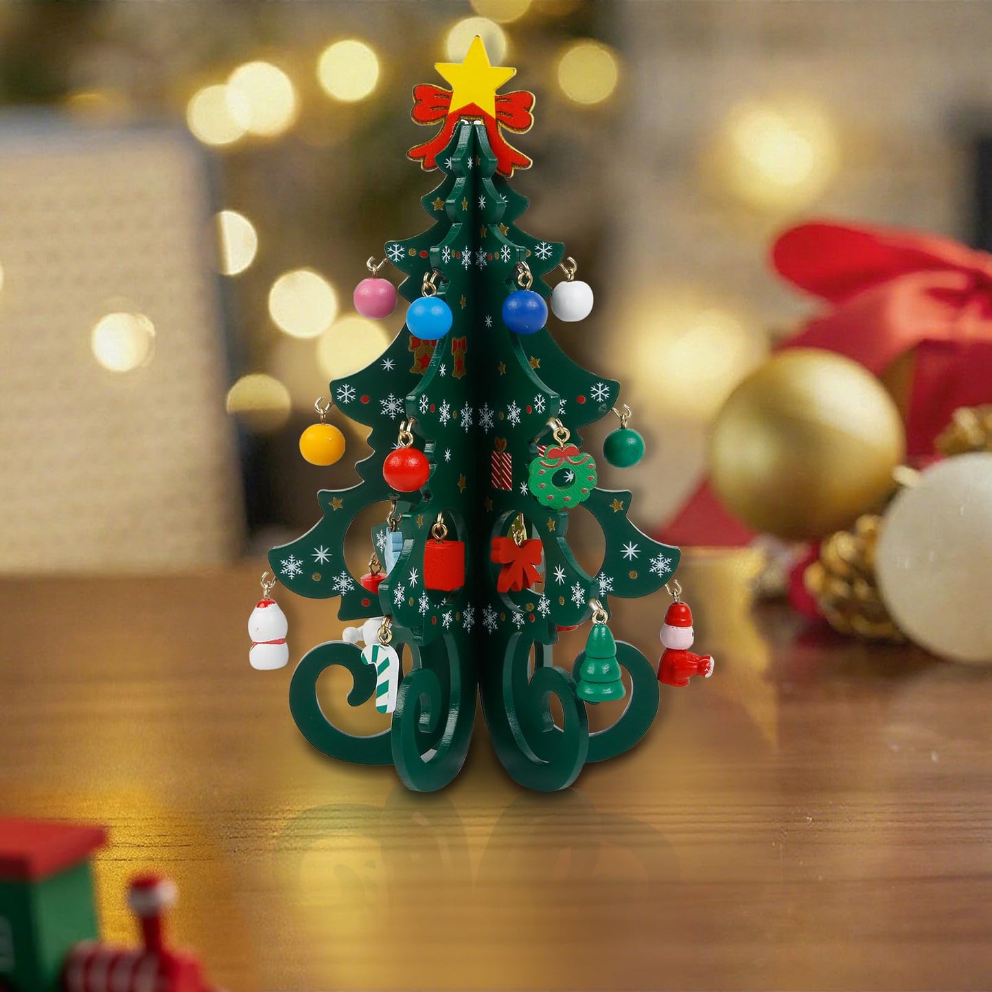 TEBIEKOY DIY Mini Wooden Christmas Tree with Ornaments Set, Cute 7 Inch Small Xmas Tree Kit with 24 Hanging Decorations New Year Parties Supplies, Easy Installing Holiday Craft Gift for Families