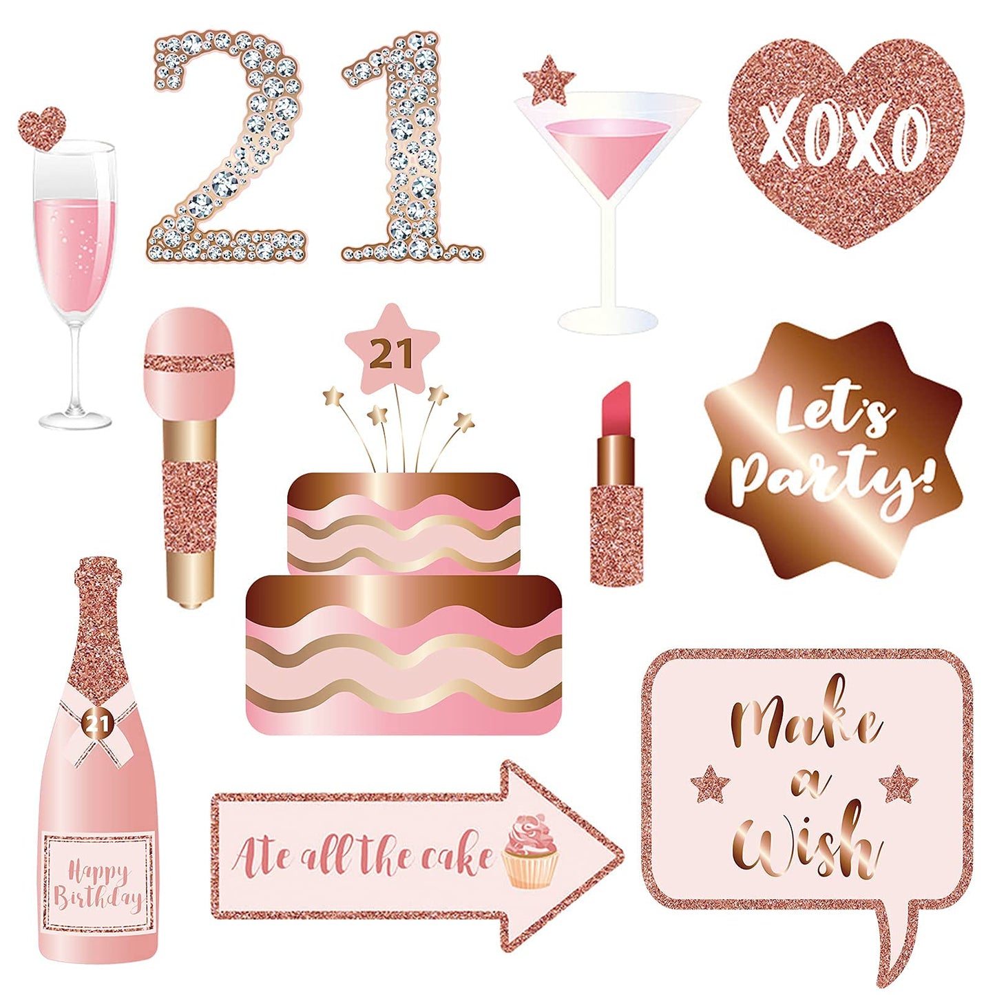 Rose Gold 21st Birthday Party Photo Booth Props Kit with Sticks for Girls Women - Selfie Props, Signs, Decorations & Favors