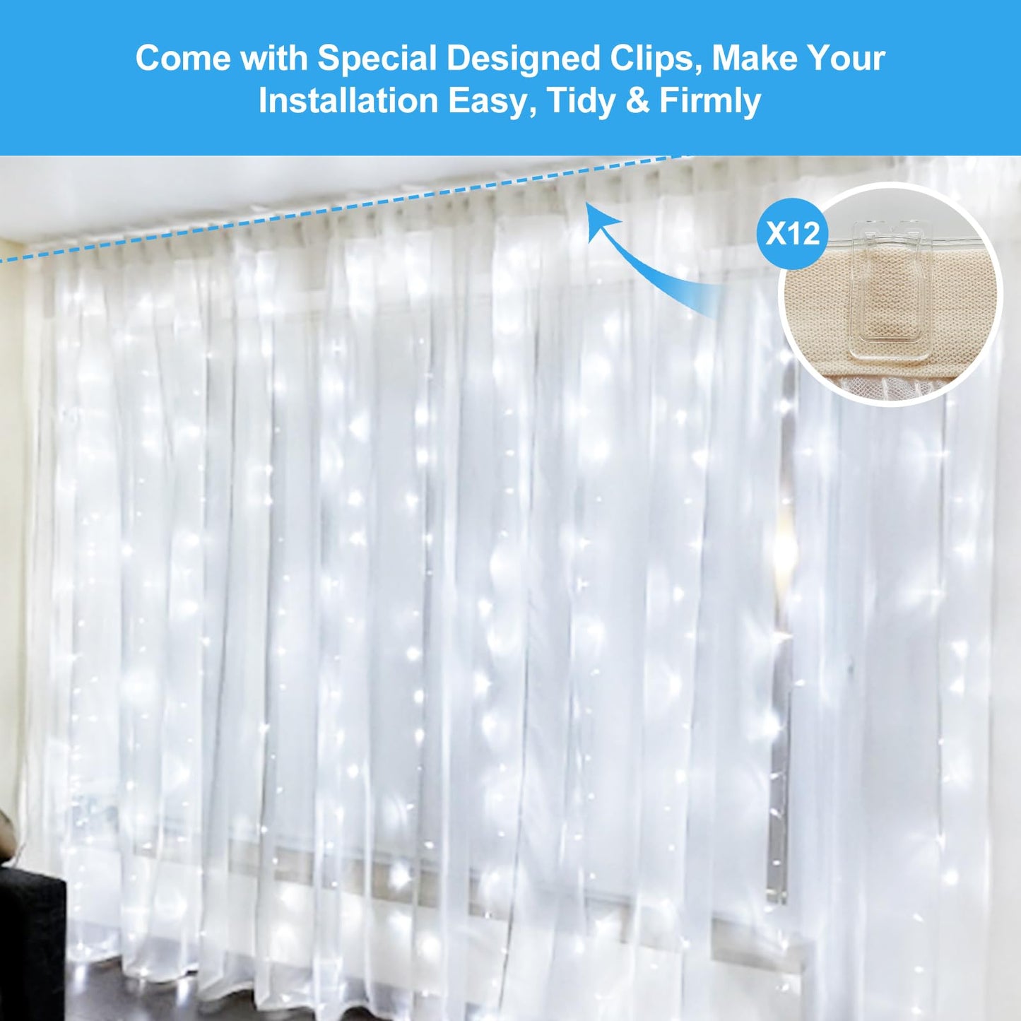 HOLITS Fairy Curtain Lights Upgraded Tangle-Free Cool White USB Plug in 8 Modes String Hanging Lights with Remote for Christmas, Bedroom, Indoor, Outdoor, Weddings, Party (6.6FTx6.6FT)