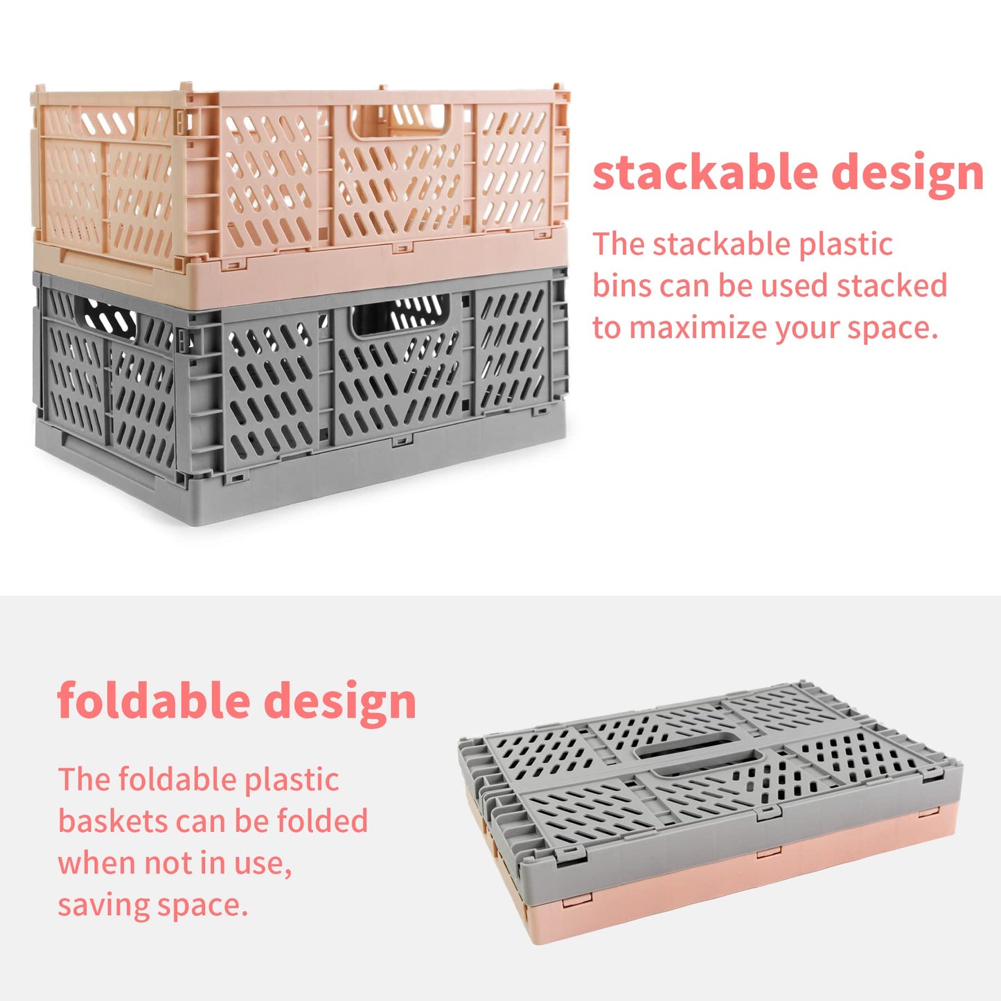 Domiella 2-Pack Crates for Storage, Storage Crates Plastic Stackable, Foldable Crate for Office Home Kitchen Bedroom Bathroom (Large, Golden Yellow)