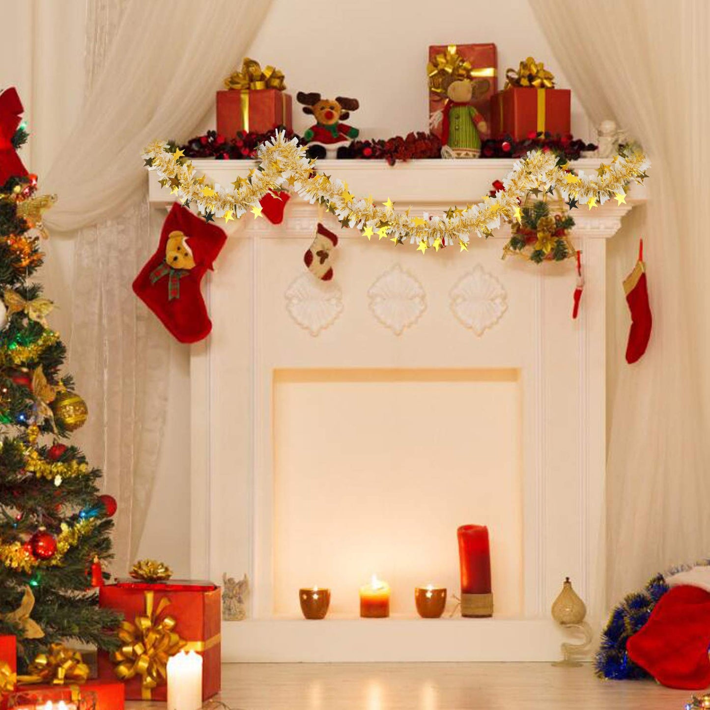 CCINEE 33FT Christmas Tinsel Garland,Metallic Twist Garland in Gold and White for Christmas Tree Party Dcoration Supply