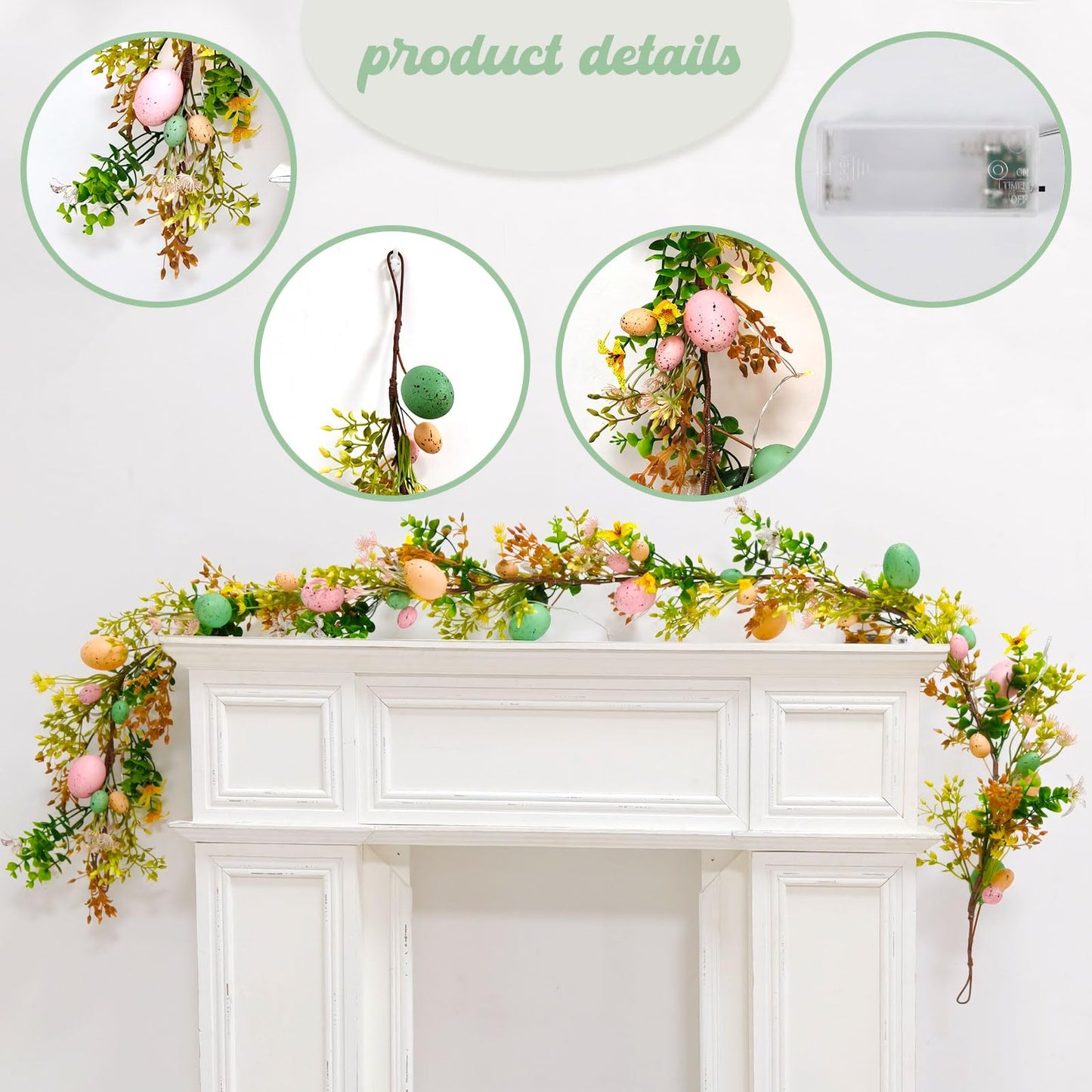 Tirdkid 6ft Lighted Easter Garland Festive Easter Decorations for Home & Outdoor, Spring Garland with Warm LED Lights for Mantle, Door, Fireplace, Table Centerpieces & Holiday Party