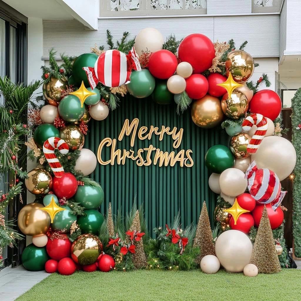 Christmas Red and Green Balloon Garland Arch Kit Pearl White Gold Foil Candy Cane Balloons With Gold 4-Point Star Balloons For Christmas Party Decorations
