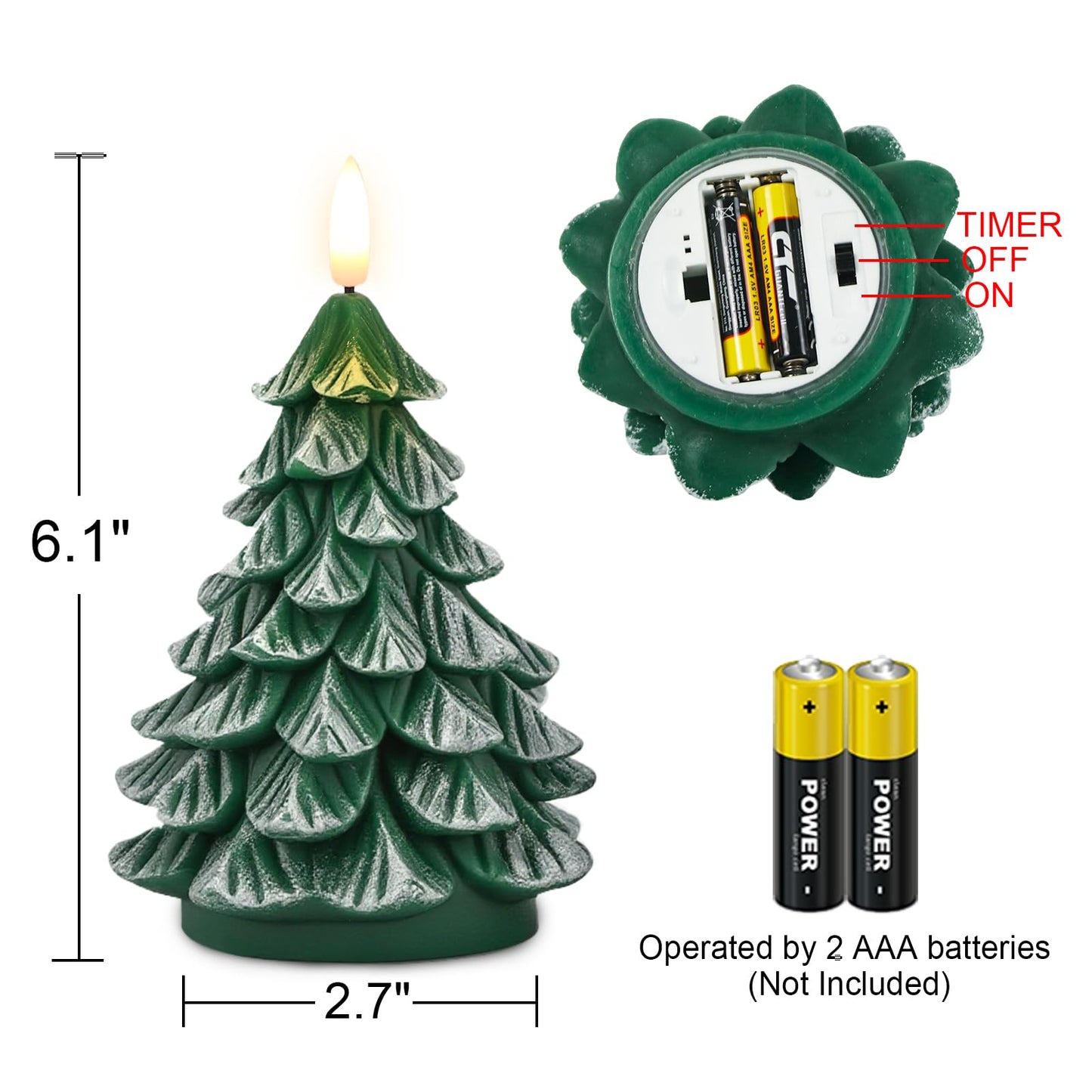 KunSwenn Christmas Tree Candles, 2 Pack Real Wax Christmas Tree Shaped Flameless Candles Battery Operated with 6H Timer, Green LED Flameless Candlesticks Imitate Snow Design for Christmas Winter Decor